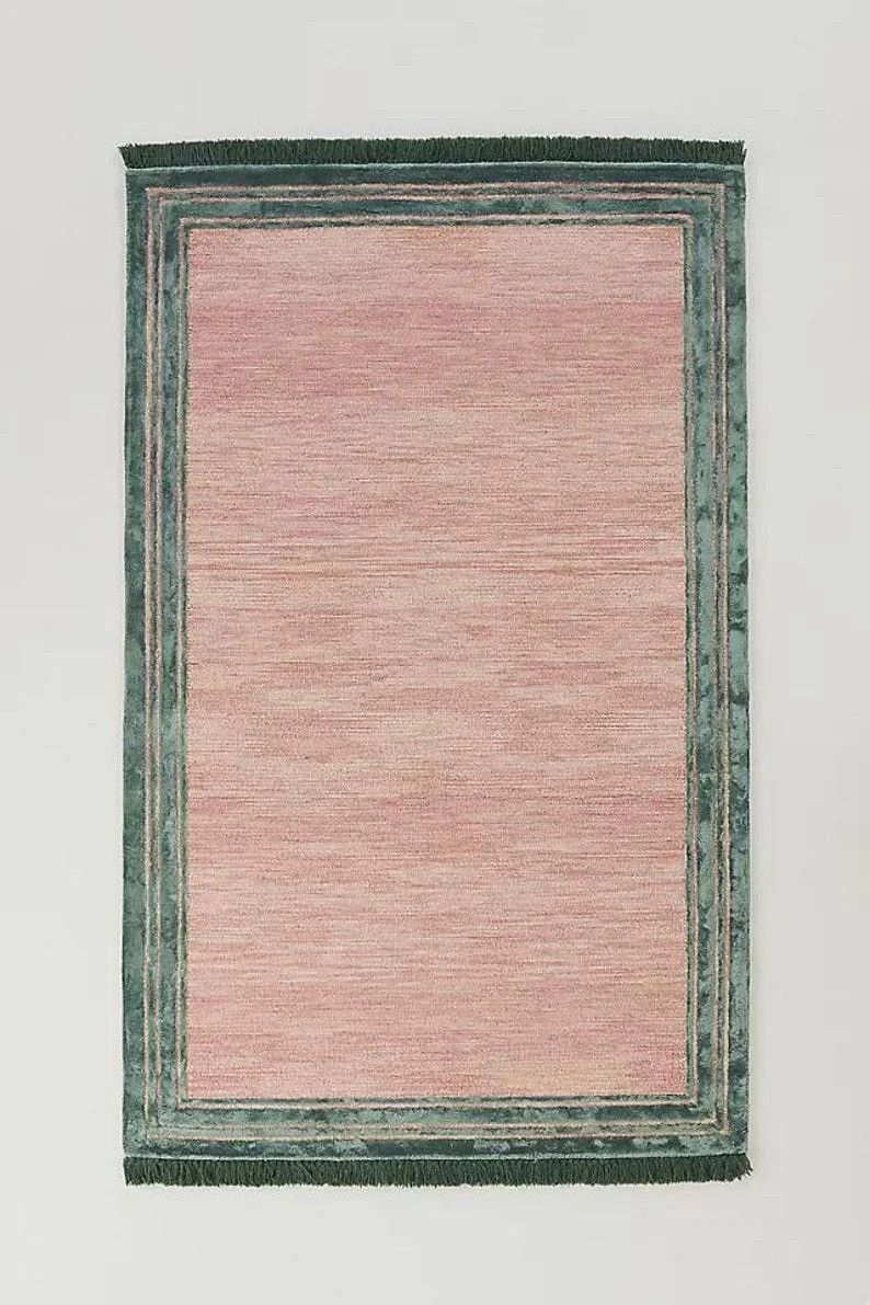 Elegant Pink and Green Border Area Rug Soft Modern Carpet for Living Room Carpet
