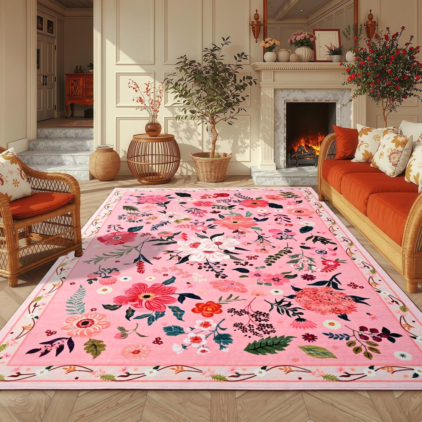 Macgace 5×7 Pink Floral Rug for Living Room, Machine Washable Area Rugs with …