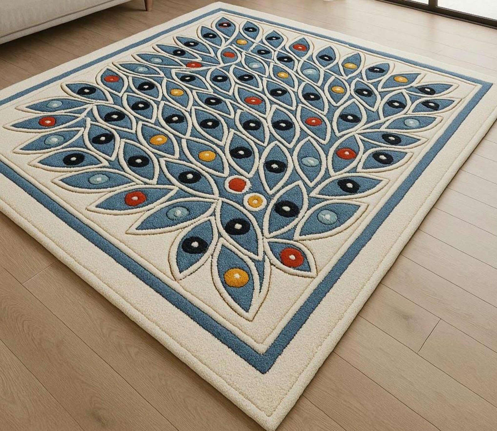 Handmade Wool Area Rug: Peacock Blue Leaf Modern Carpet