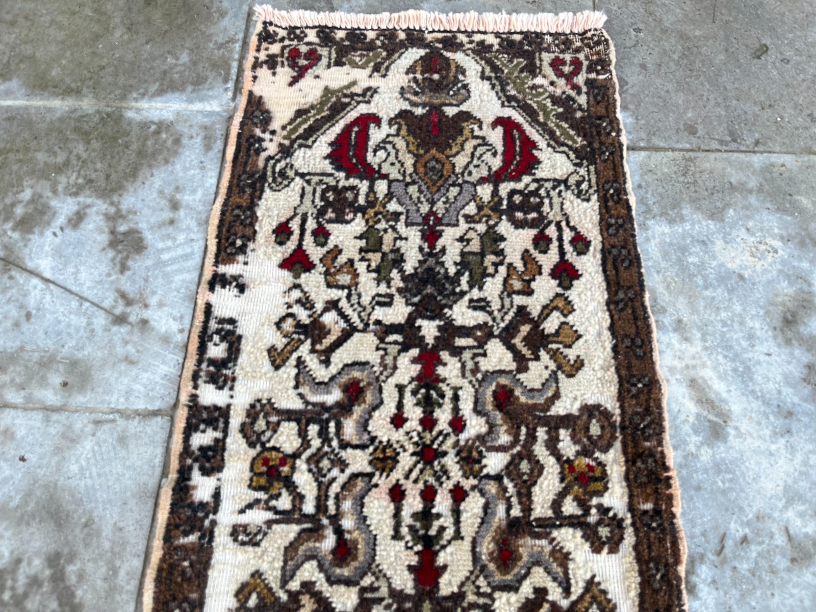 Vintage Turkish Rug 1.4×2.6 ft Hand-Knotted Floral Wool Door Mat Boho Accent Rug