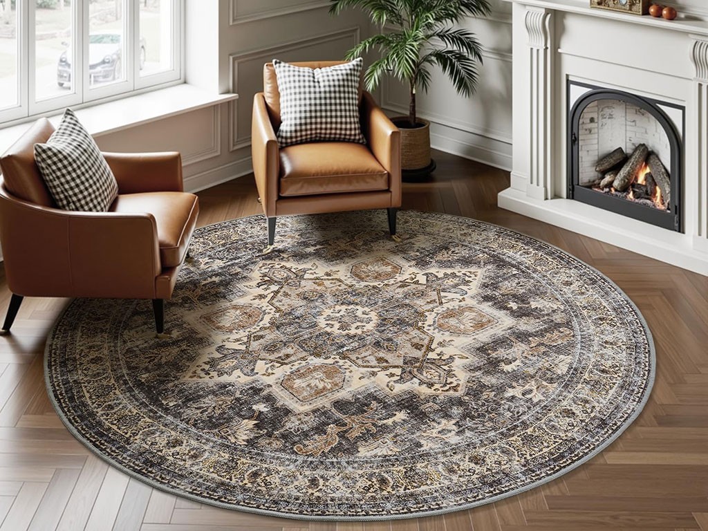 6FT ROUND WASHABLE NON-SLIP VINTAGE STYLE BEDROOM LIVING ROOM AREA RUG BROWN