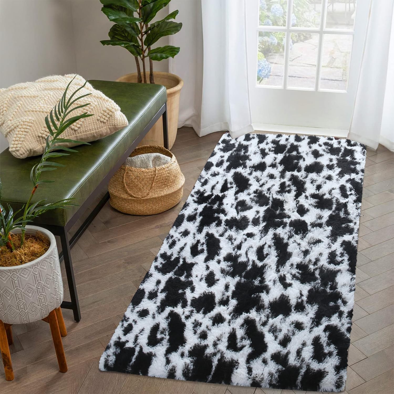 Milk Cow Print 2×6 Runner Rugs for Living Room, Black White Tie-Dye Rug Non-S…