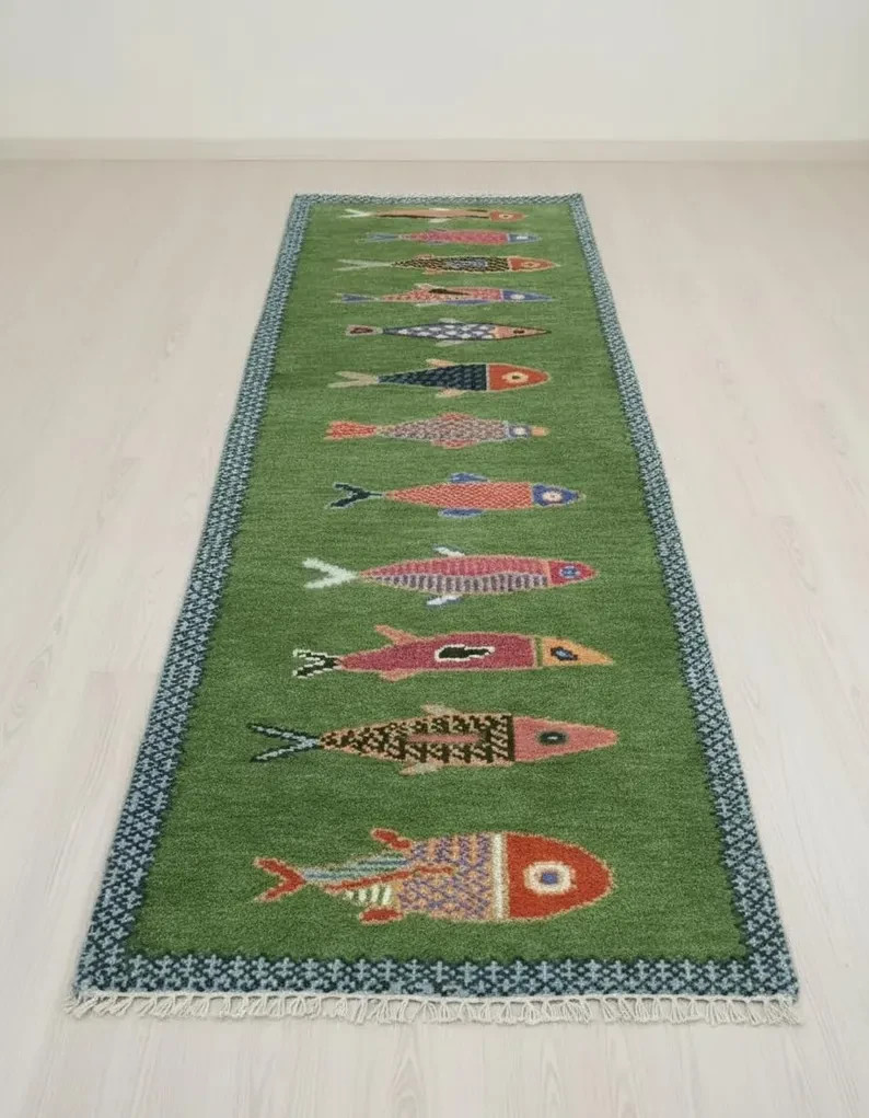 Koi Fish Runner Rug: Green Colorful Carpet Handmade Wool Area Rug