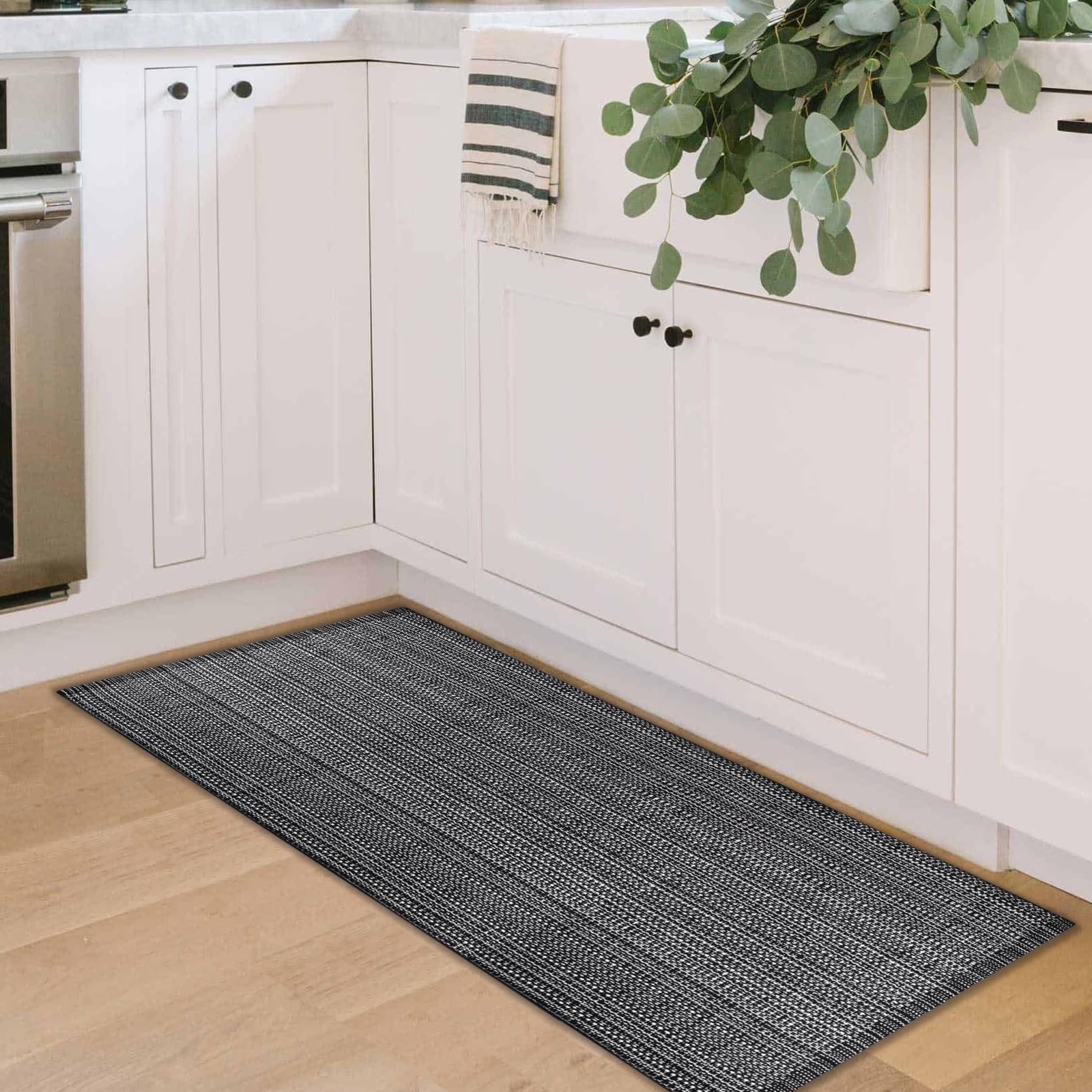 Front Porch Rug Black Boho Outdoor Rug 23.6″ x 51.2″ Door Mat Cotton Hand Wov
