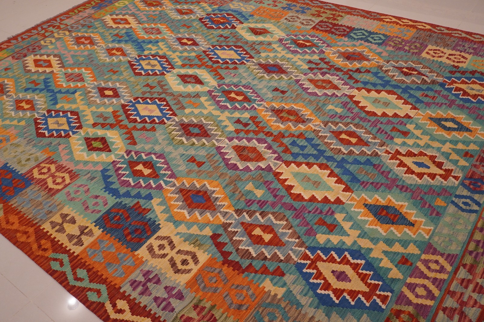 8×11 ft Blue Afghan Handmade Geometric Wool Kilim Area Rug ( 8’7″x11’4″ )