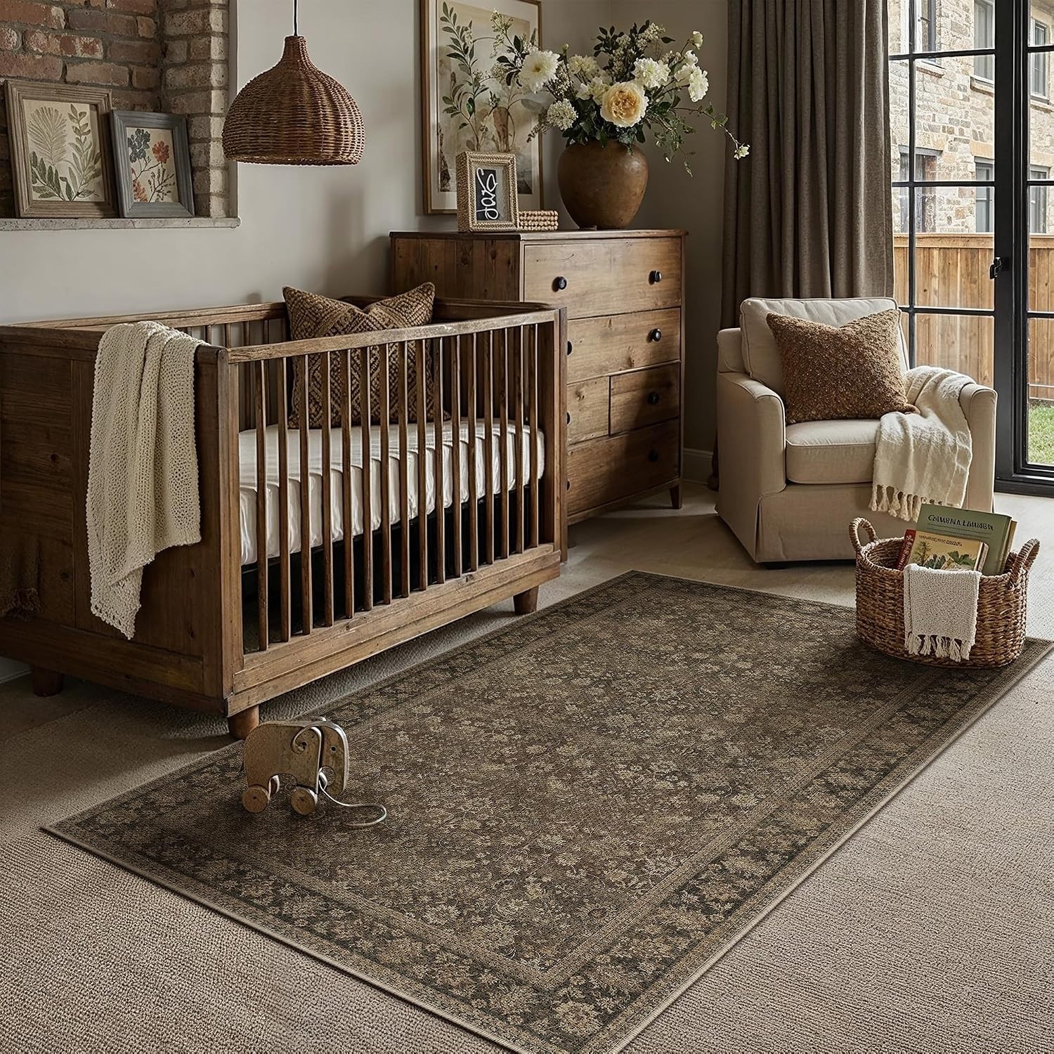 Indoor Outdoor Area Rug 4×6 Brown Linen Look Fabric Modern Design Easy Clean