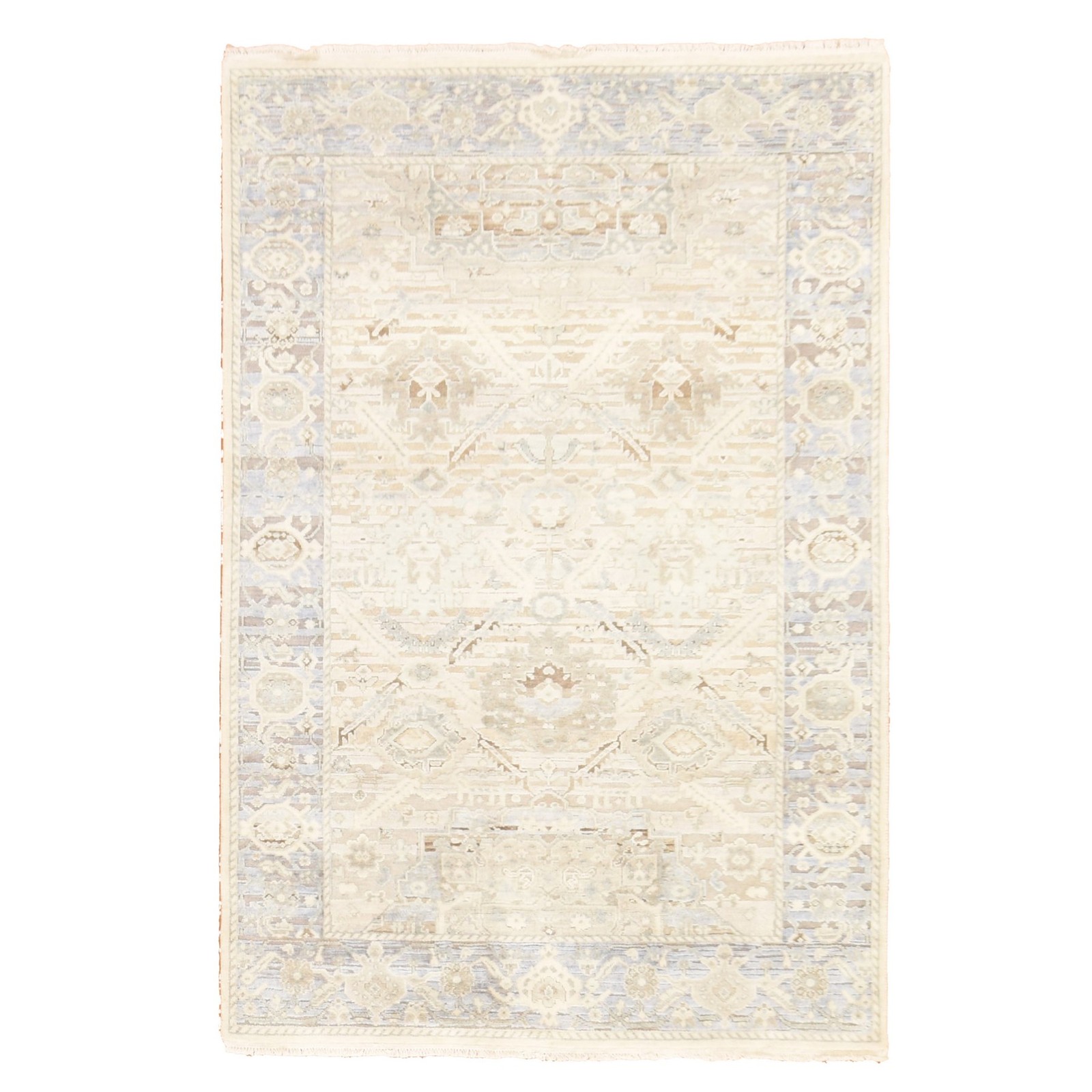 4’x6’2″ Ivory Oushak Design Hand Knotted Pure Silk and Textured Wool Rug 78730