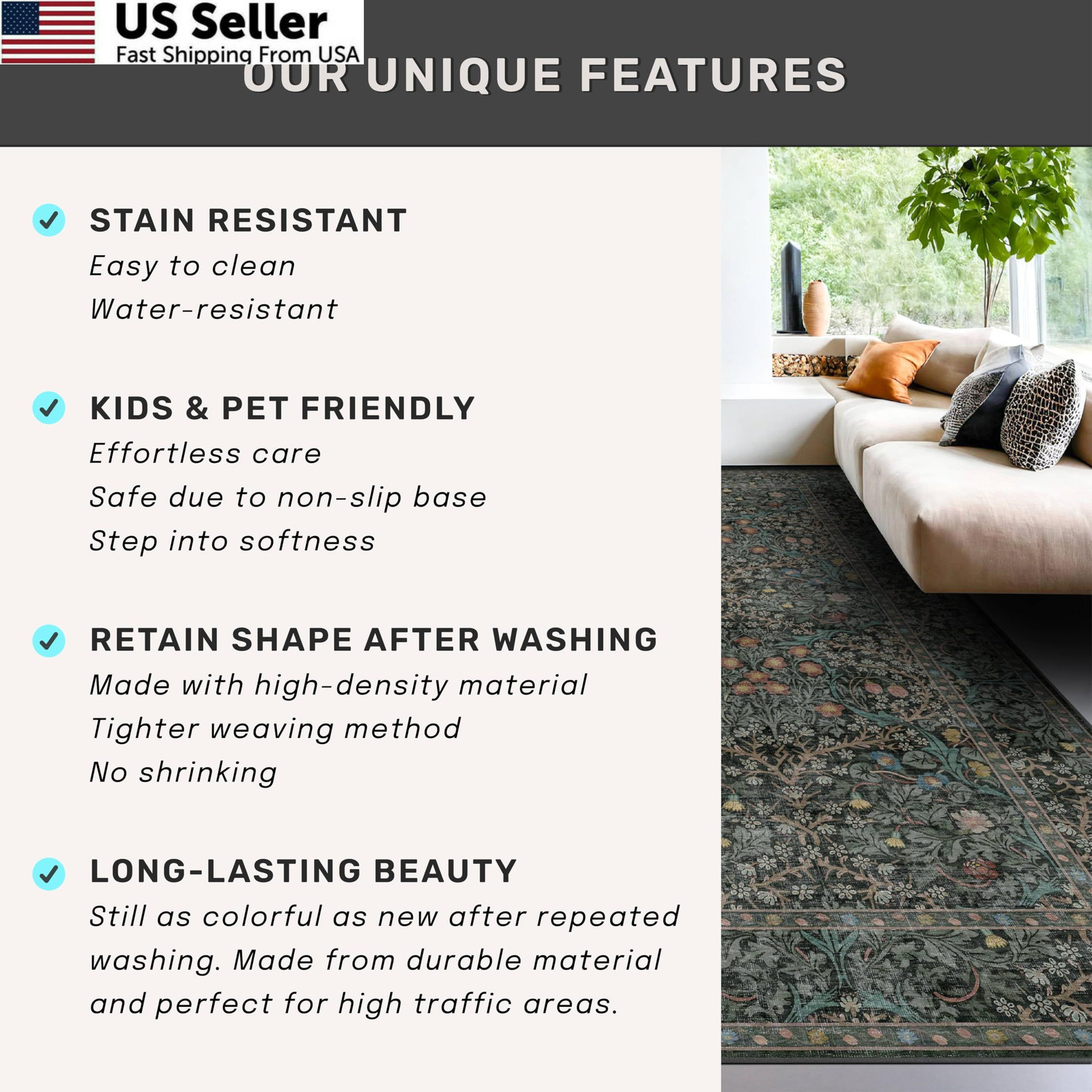 Dark Green Floral Living Room Rug 5′ x 7′ (Rectangular), / Black