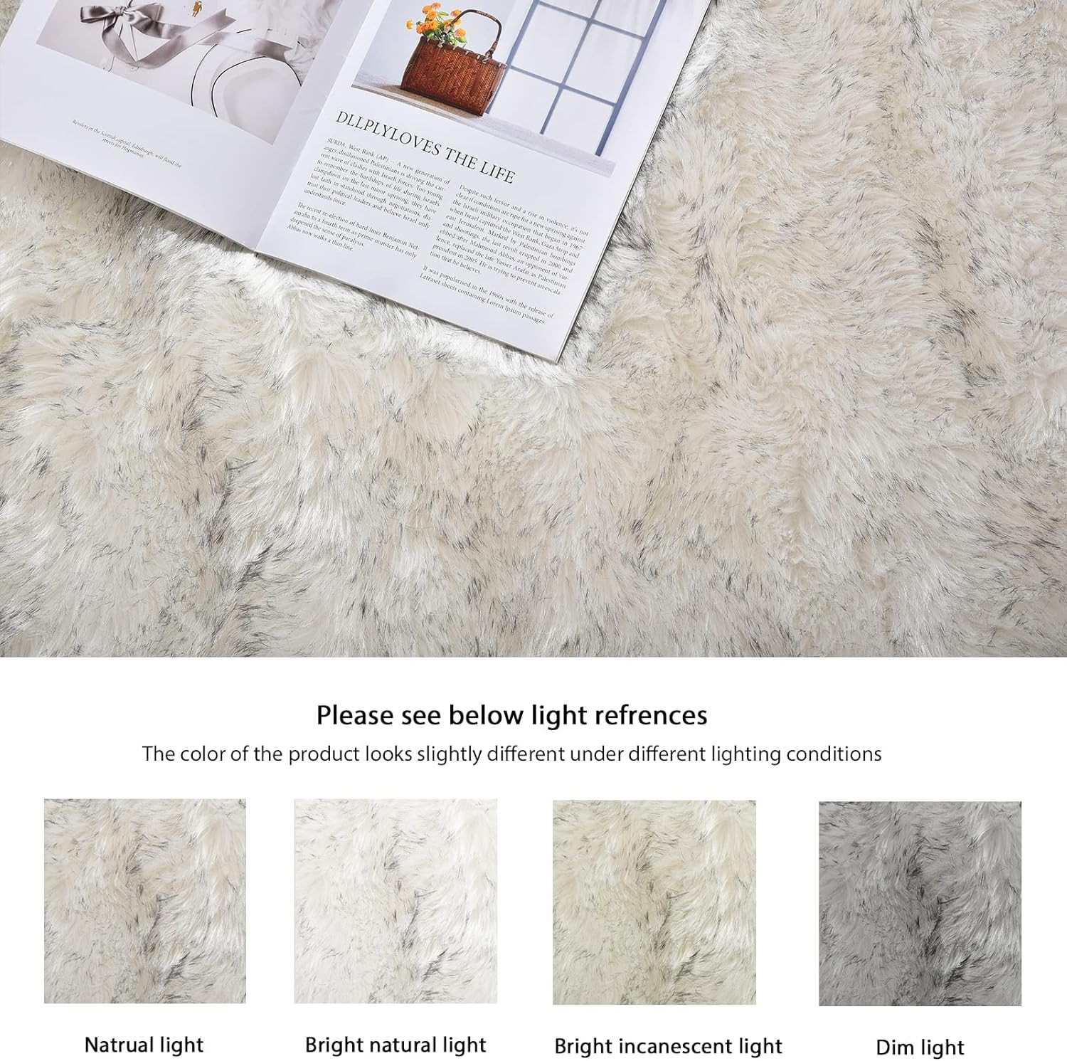 White and Grey Rug 8X10 Area Rugs for Living Room Machine Washable Shag Faux She
