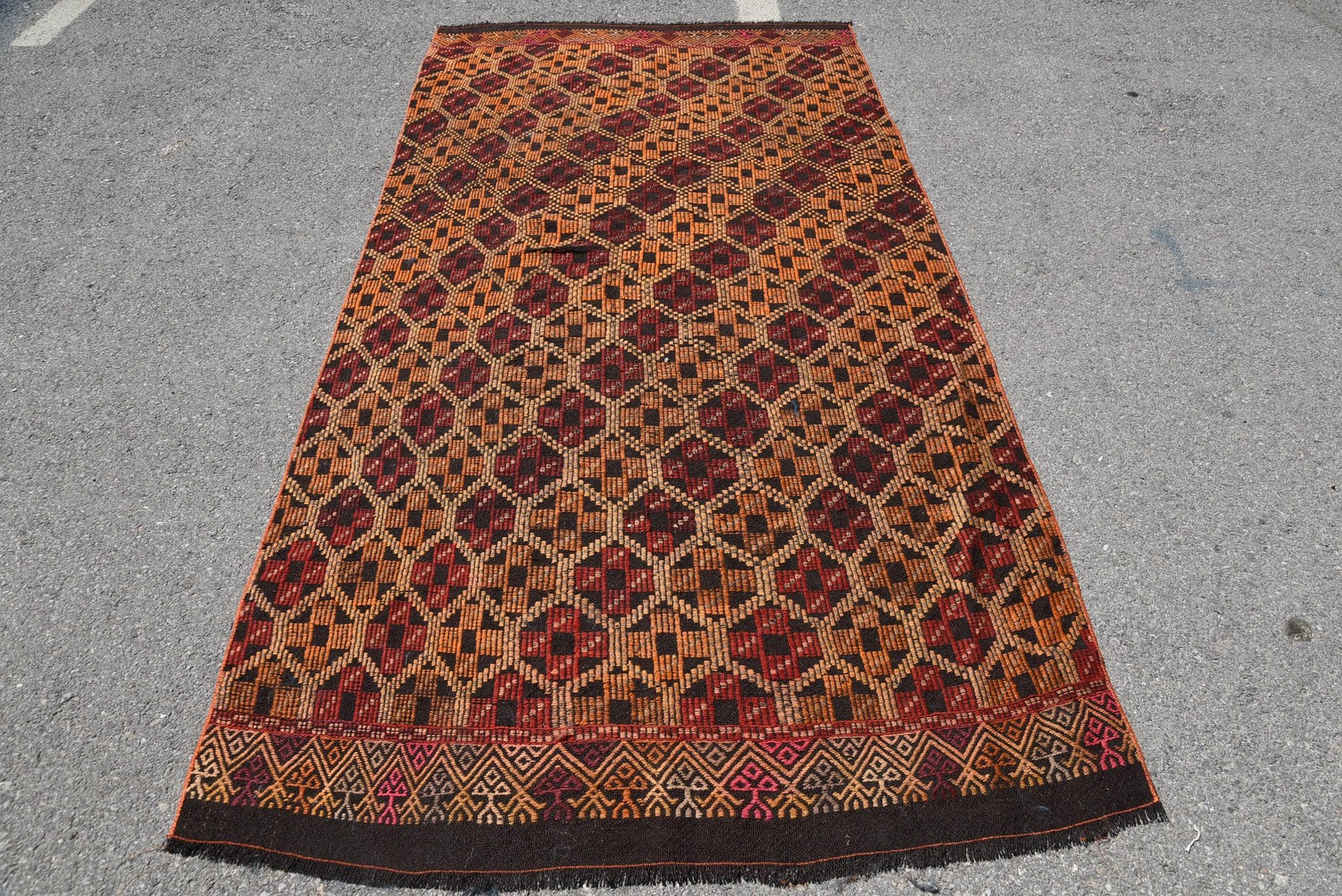 Turkish Large Rug 4,7×9,2 ft (144×279 cm), Kilim Red Camouflage Vintage Rug