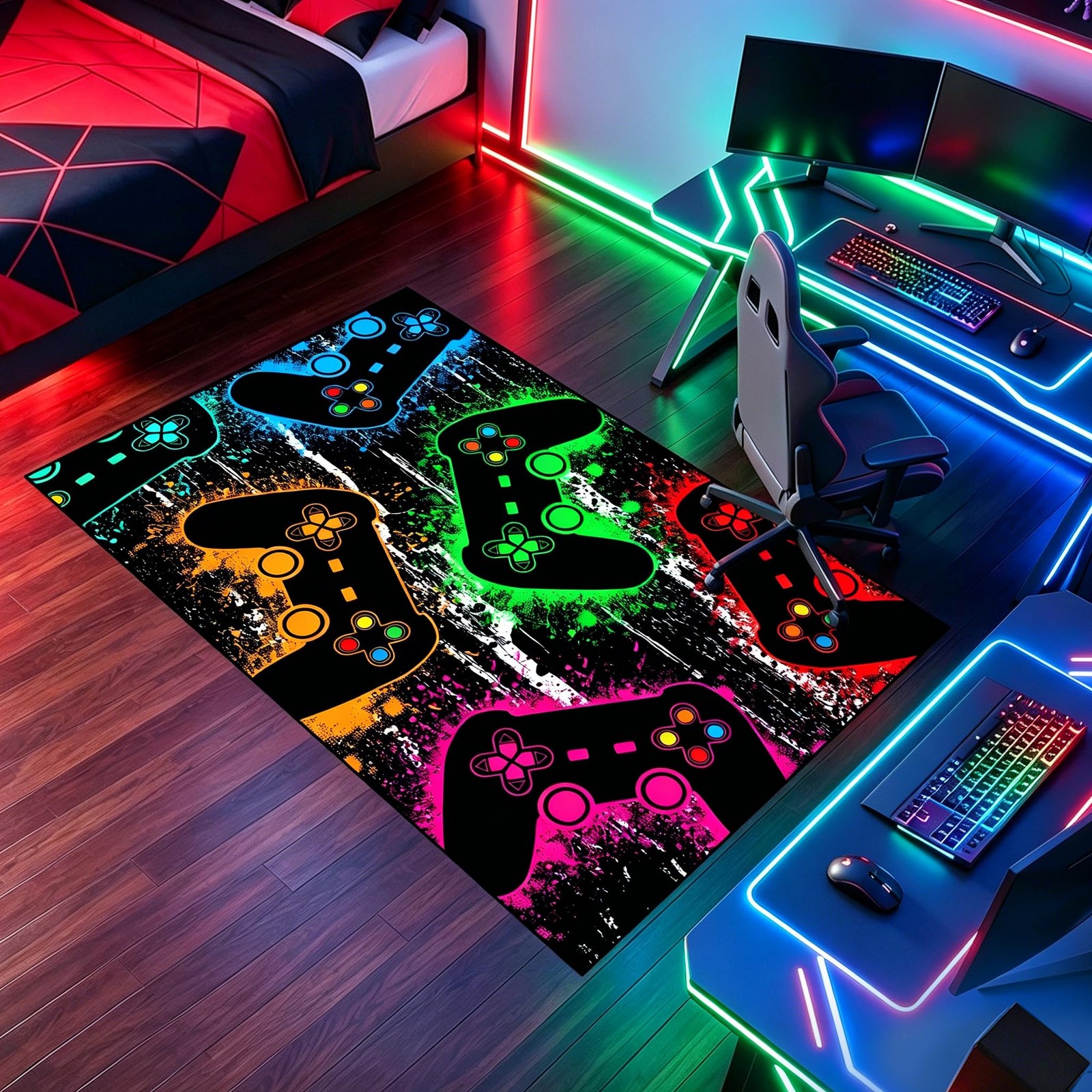 Green Gamepad Gaming Area Rug Stars Planet Gamer Carpet Bedroom 2×3 Ft