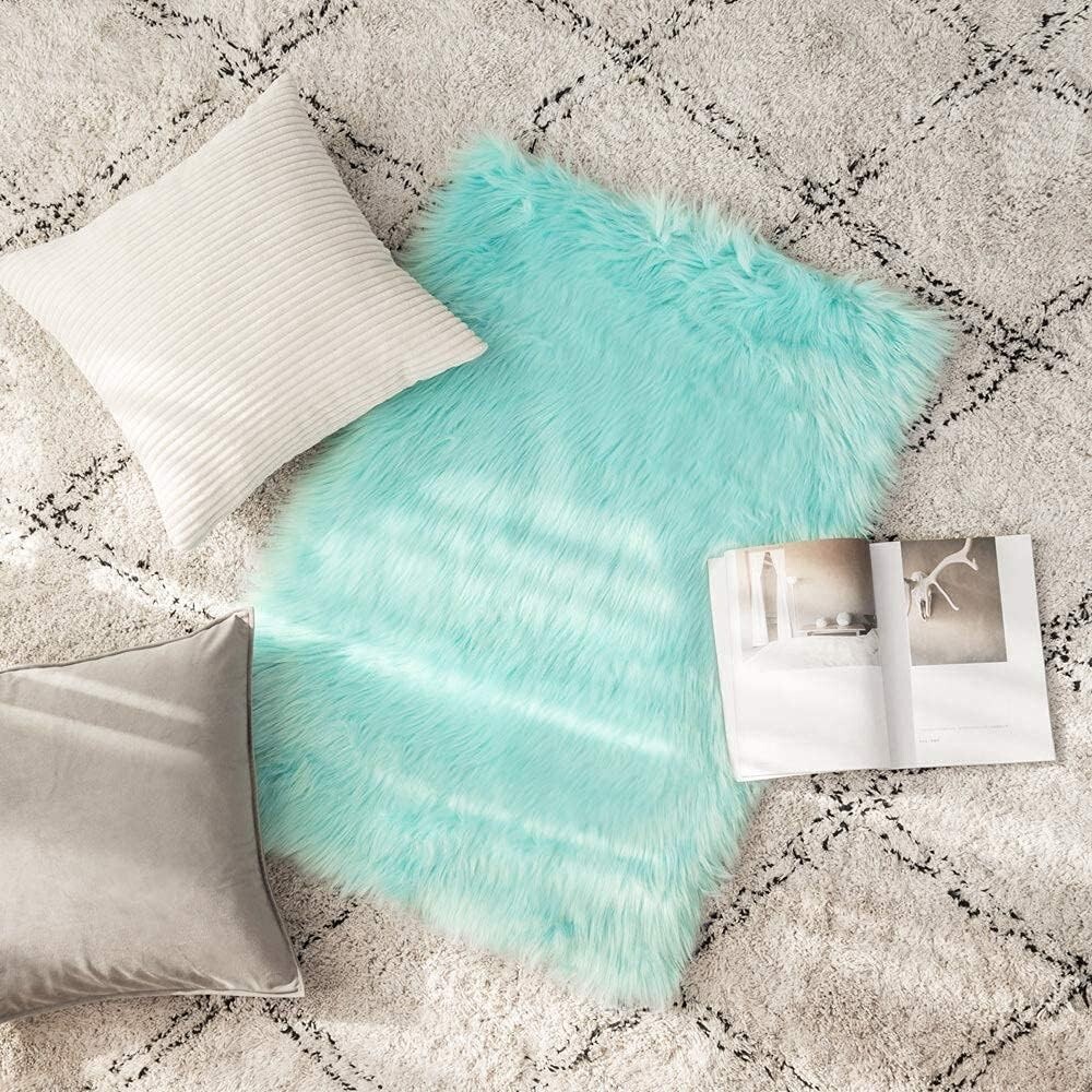 Faux fur carpet upholstered plush carpet sofa floor 2 x 3 feet, aqua green 1 pcs
