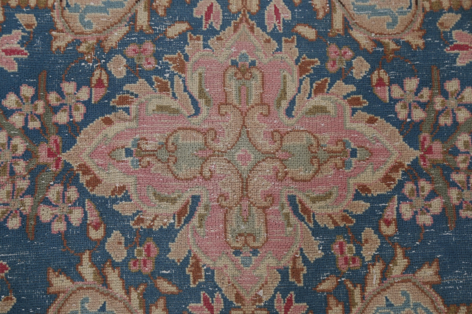 Vintage Ivory/ Blue Wool Medallion Kirman Traditional Handmade Area Rug 10×14