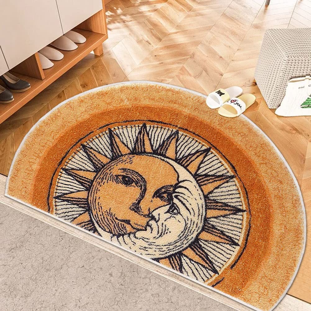 Semi-Circular Area Rugs 31.5X47.3 Inch Sun and Moon Mat,Yellow Boho Rug,Non-Slip