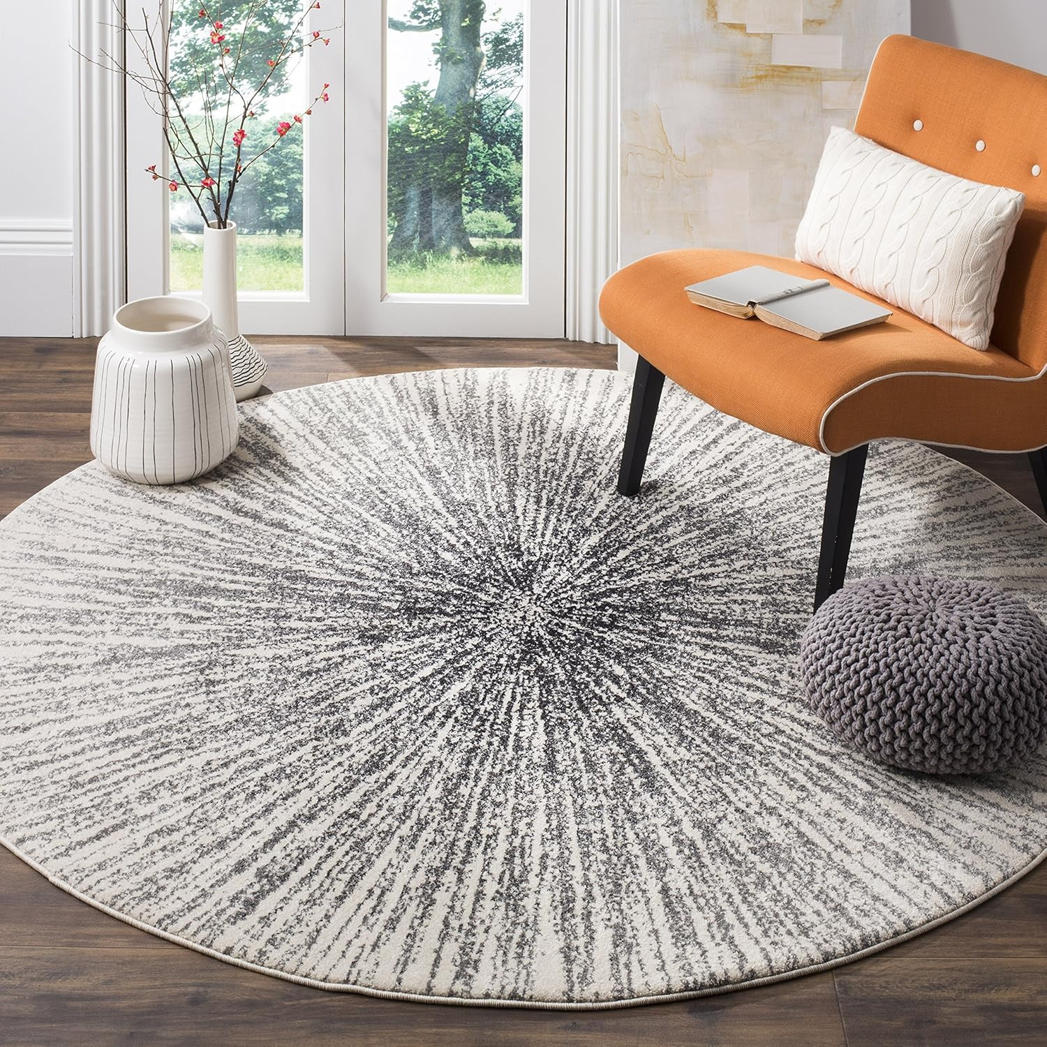 Evoke 9′ Round Area Rug – Black & Ivory Abstract Design, Easy Care, Non-Shedding