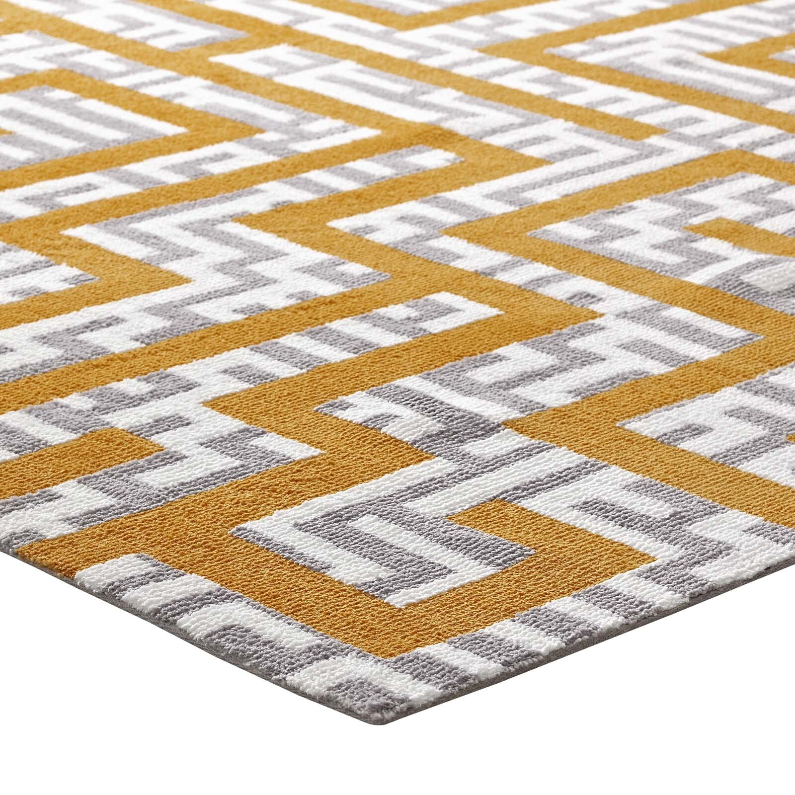 Geometric Maze Microfiber 8×10 Area Rug in Ivory, Light Gray and Banana Yellow