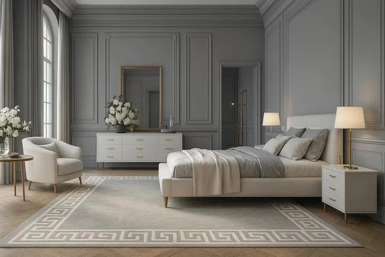 Hand Tufted Grey Area Rug – Modern Greek Key Border Wool Carpet Living Room Bedr