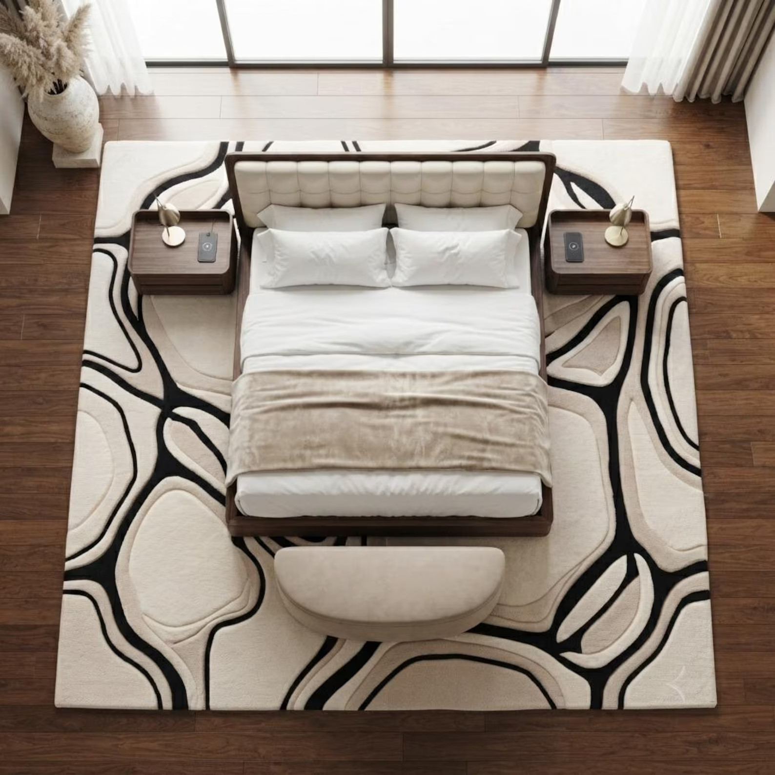 Hand Tufted Wool Area Rug Organic Modern Abstract Carpet Black Ivory Luxury Home