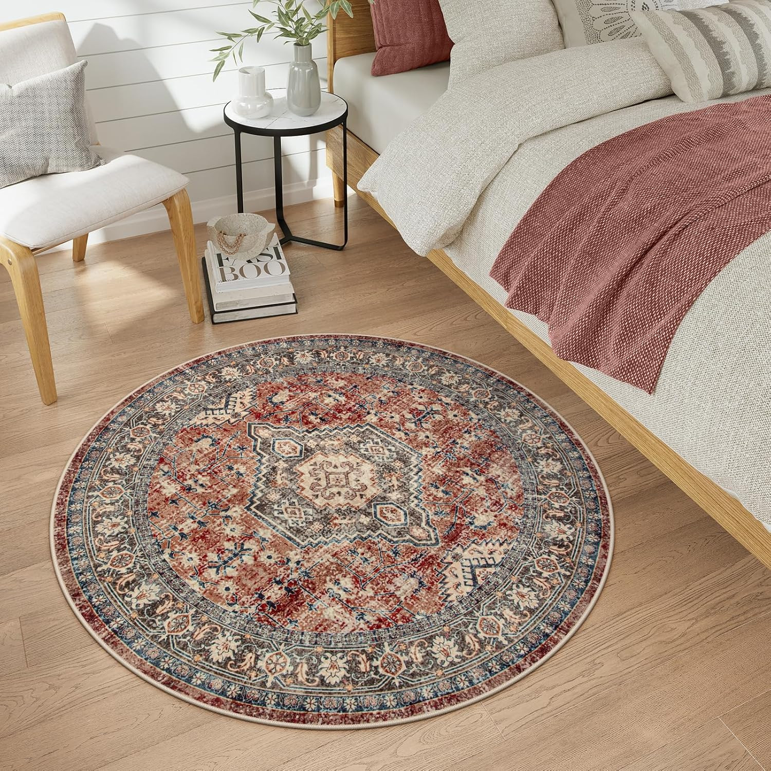 4Ft Round Vintage Washable Rug Non Slip Ultra Thin Oriental Brick Red Carpet