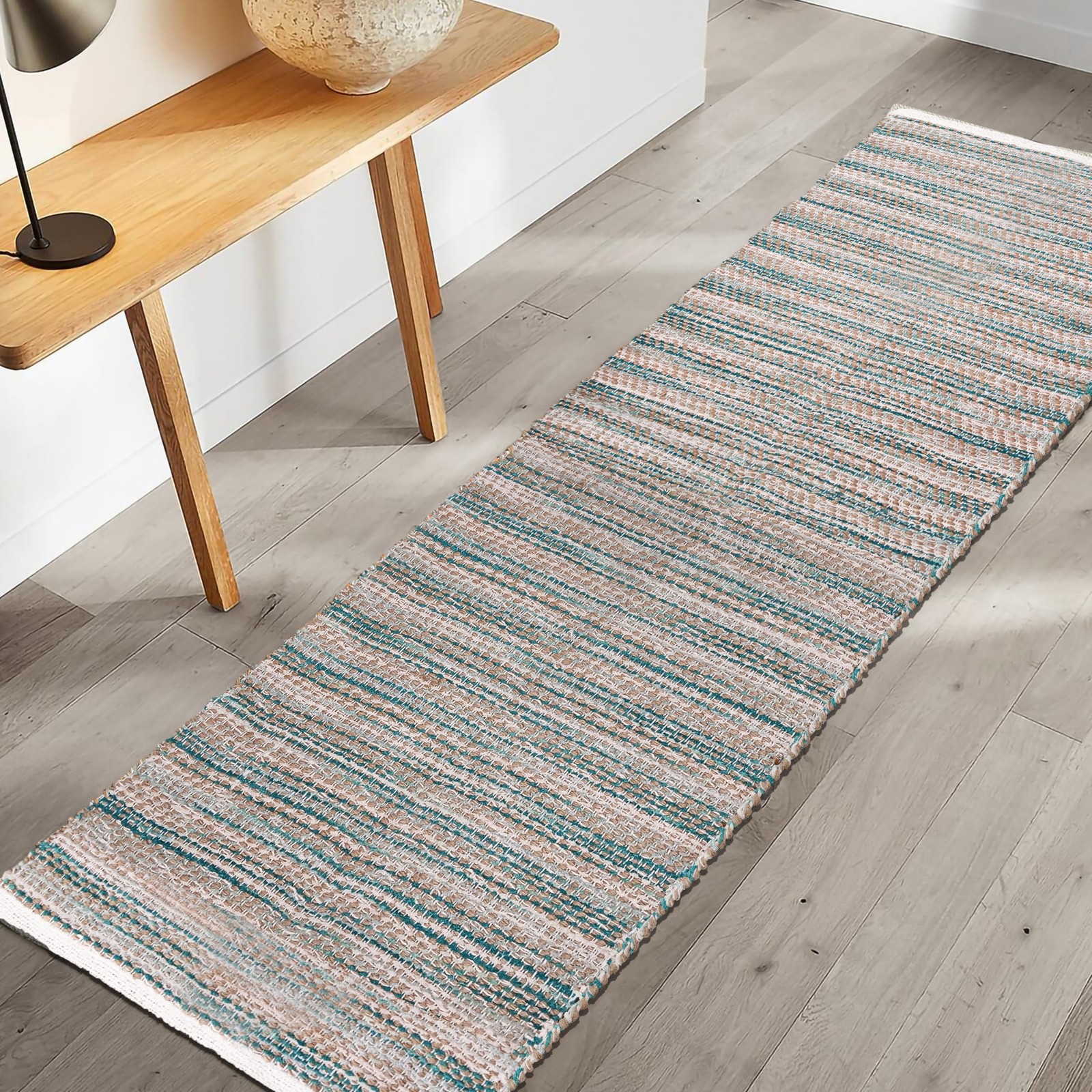 Jute Woven Runner Rug 2’x6′ – Teal, Reversible Boho Entry Area Rugs for Hallw…