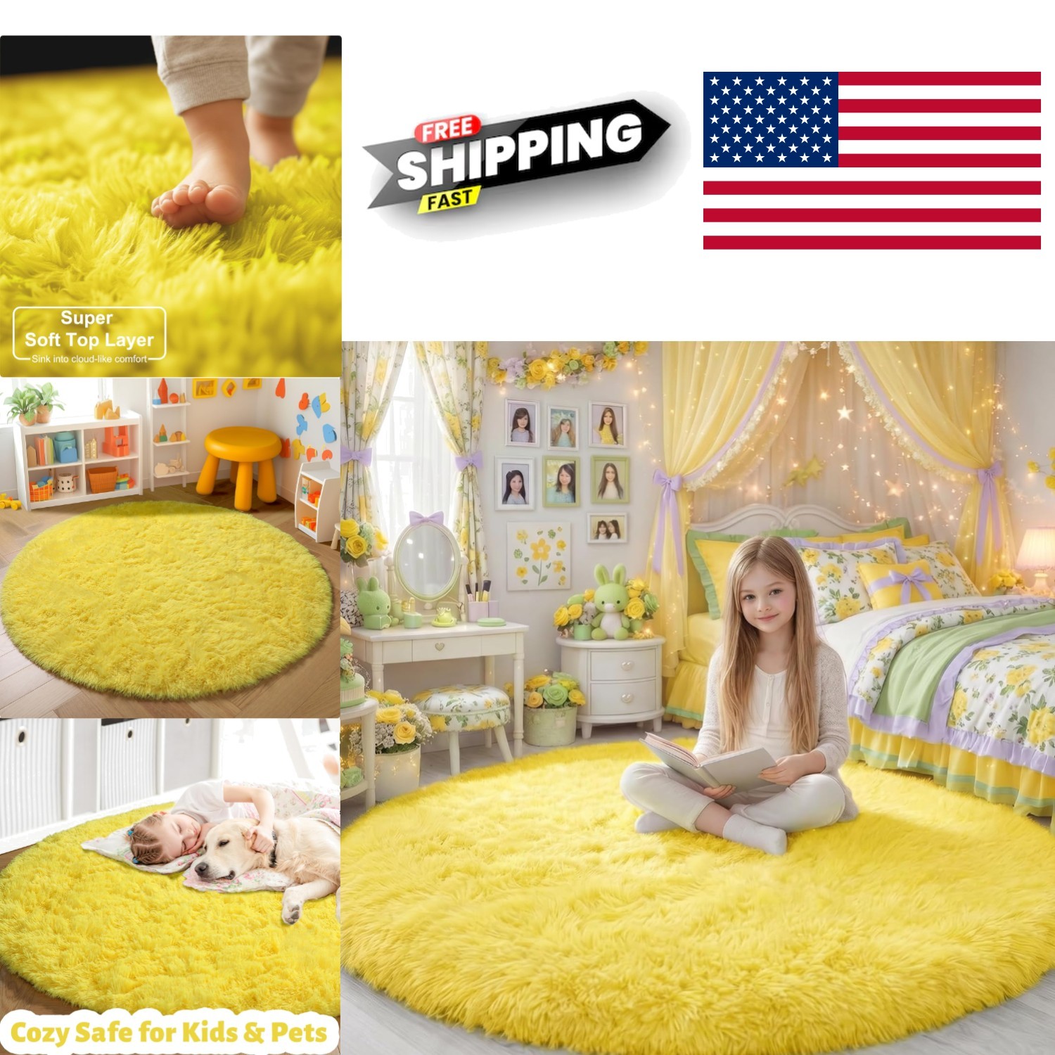 5Ft Yellow Round Area Rug Plush Microfiber Cozy Shag for Indoor Living Space