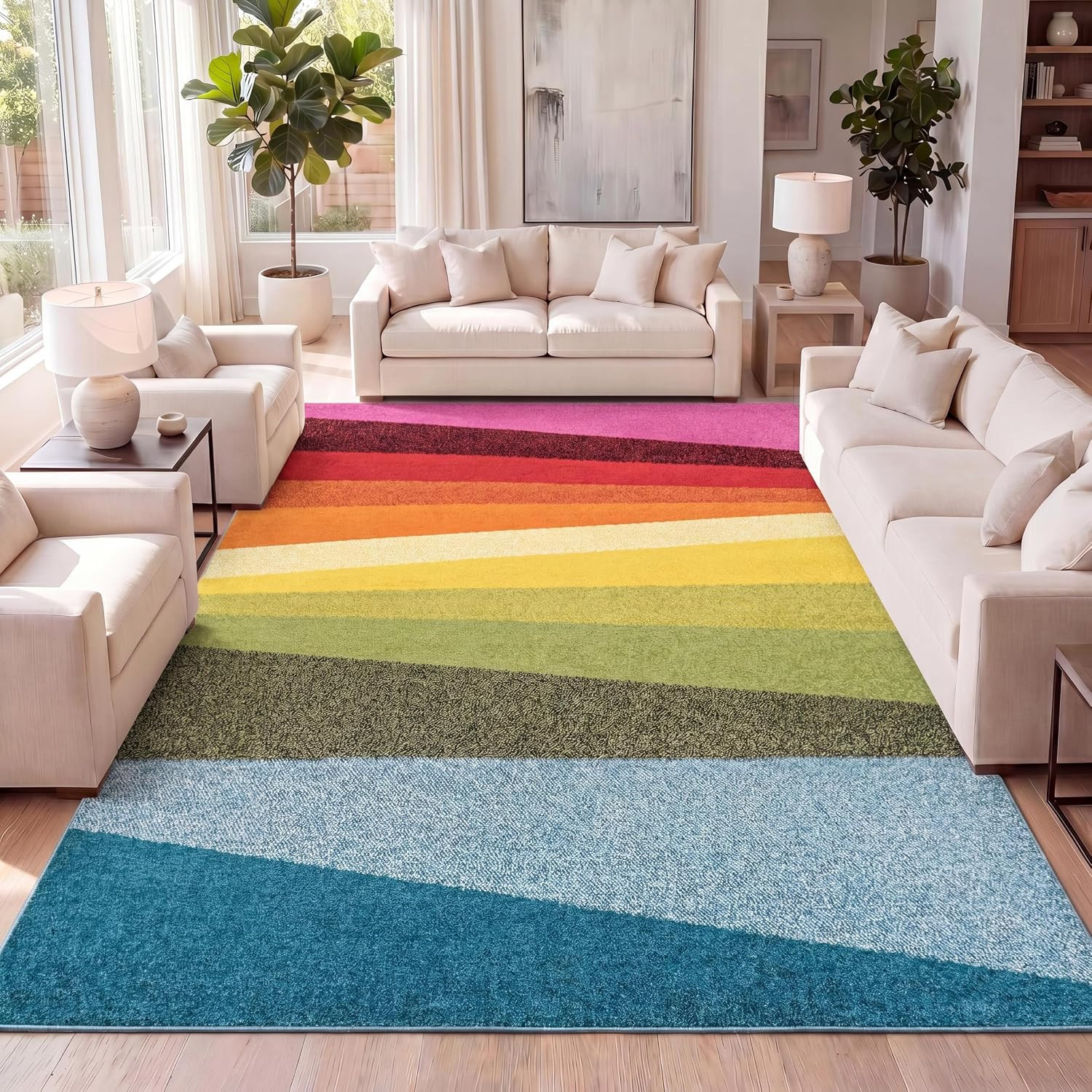Prism Geometric Striped Indoor Area Rug 4X6, Orange/Green/Blue, Modern, Coastal,