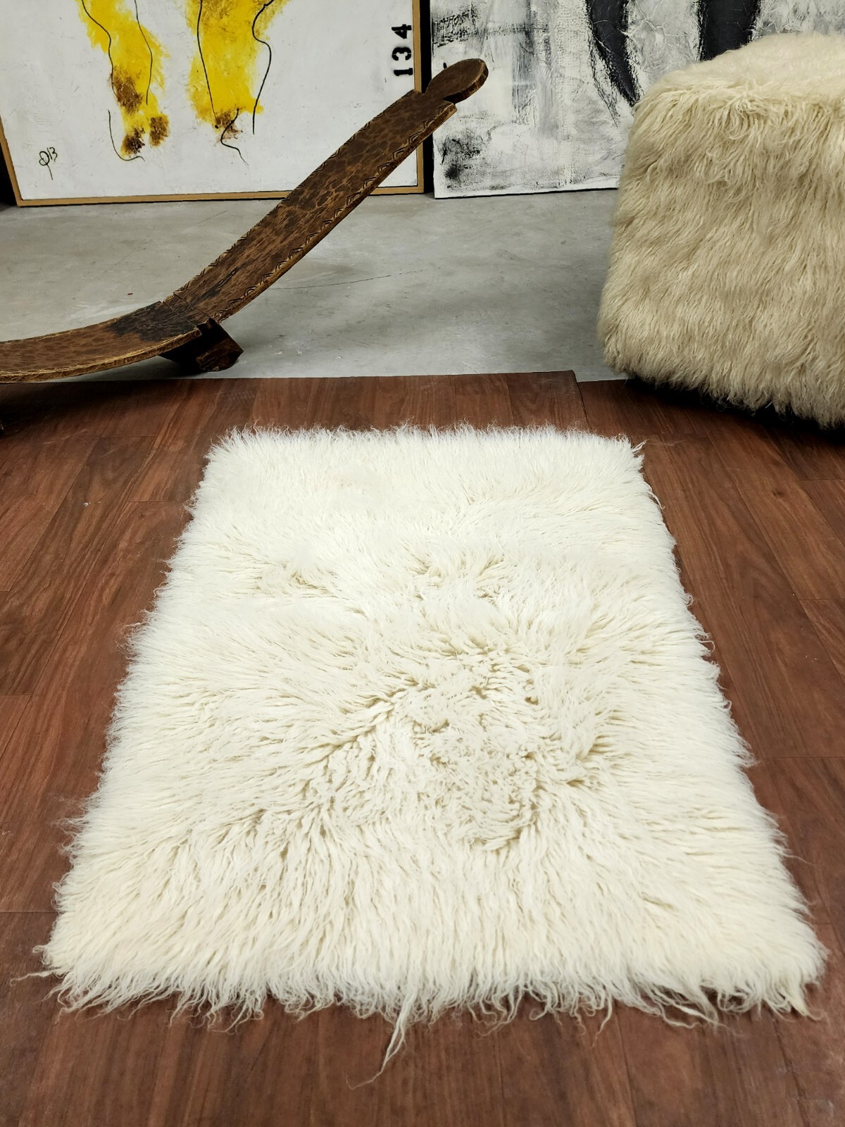 CLASSIC GREEK FLOKATI RUGS. LONG 3” SHAGGY PILE-STYLISH OFF WHITE WOOL AREA RUG