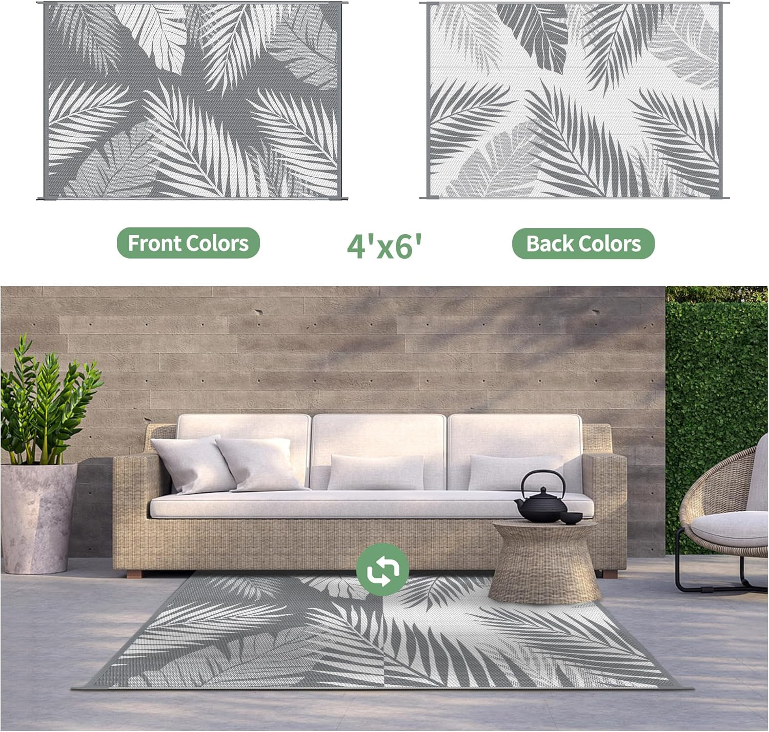 Outdoor Rug, Waterproof Plastic Rugs for Patio, 4’x6′ Grey White | Outside Large