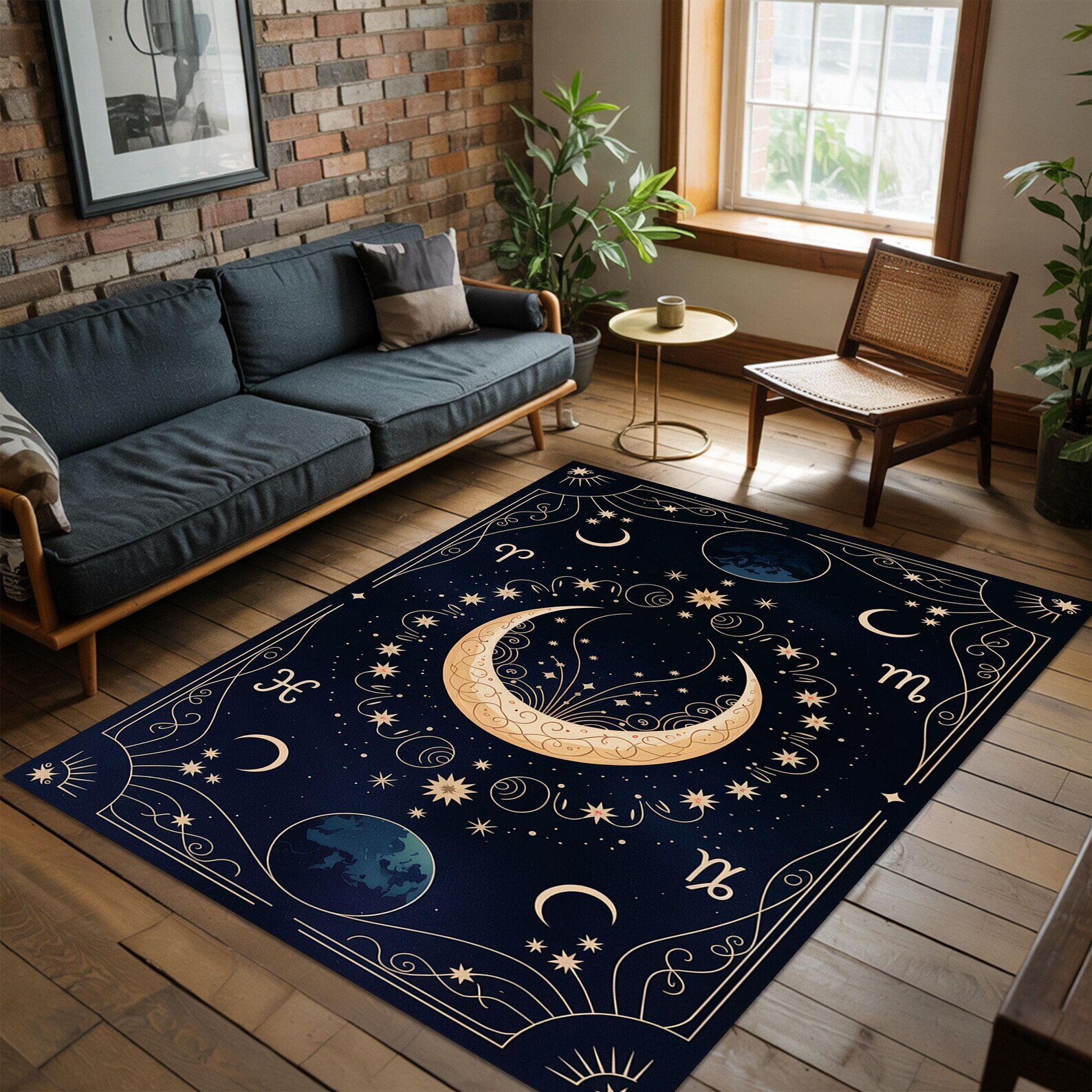 Celestial Mystic Rug With Crescent Moon, Stars And Zodiac Symbols On Midnight Bl