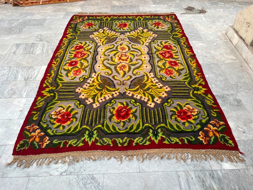 Bessarabian Kilim,Vintage Rose Kilim,Romanian Rug, Home Decor Rug,7x9ft