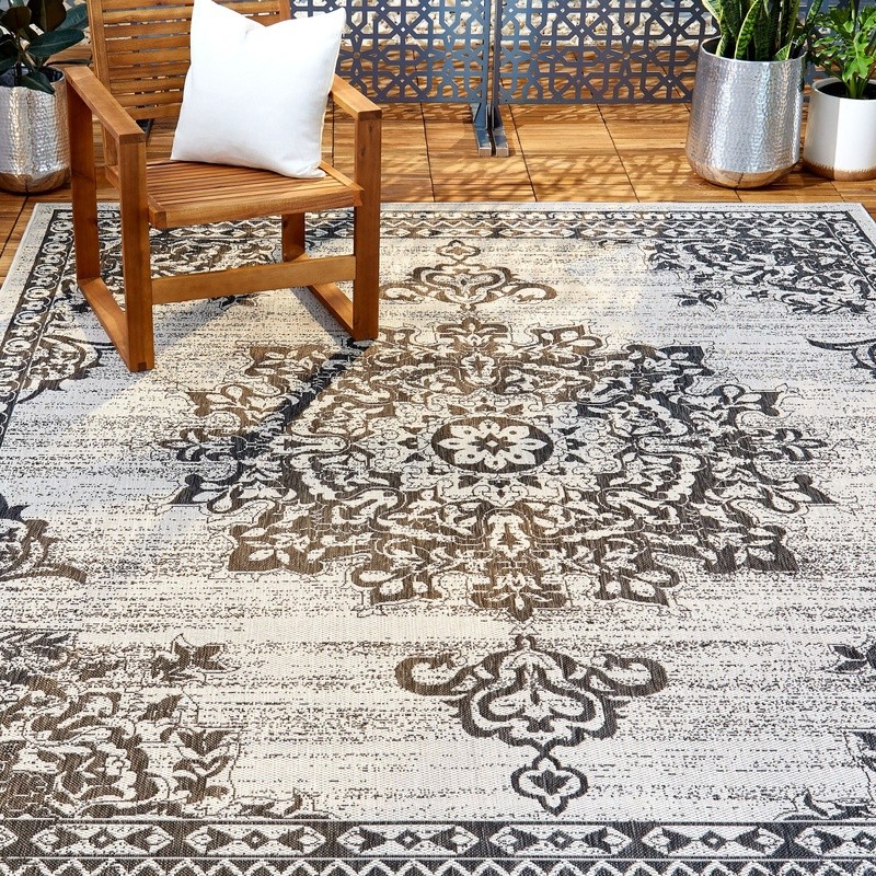 Bohemian Medallion Indoor Outdoor Rug UV Resistant Easy Care Durable Low Pile US