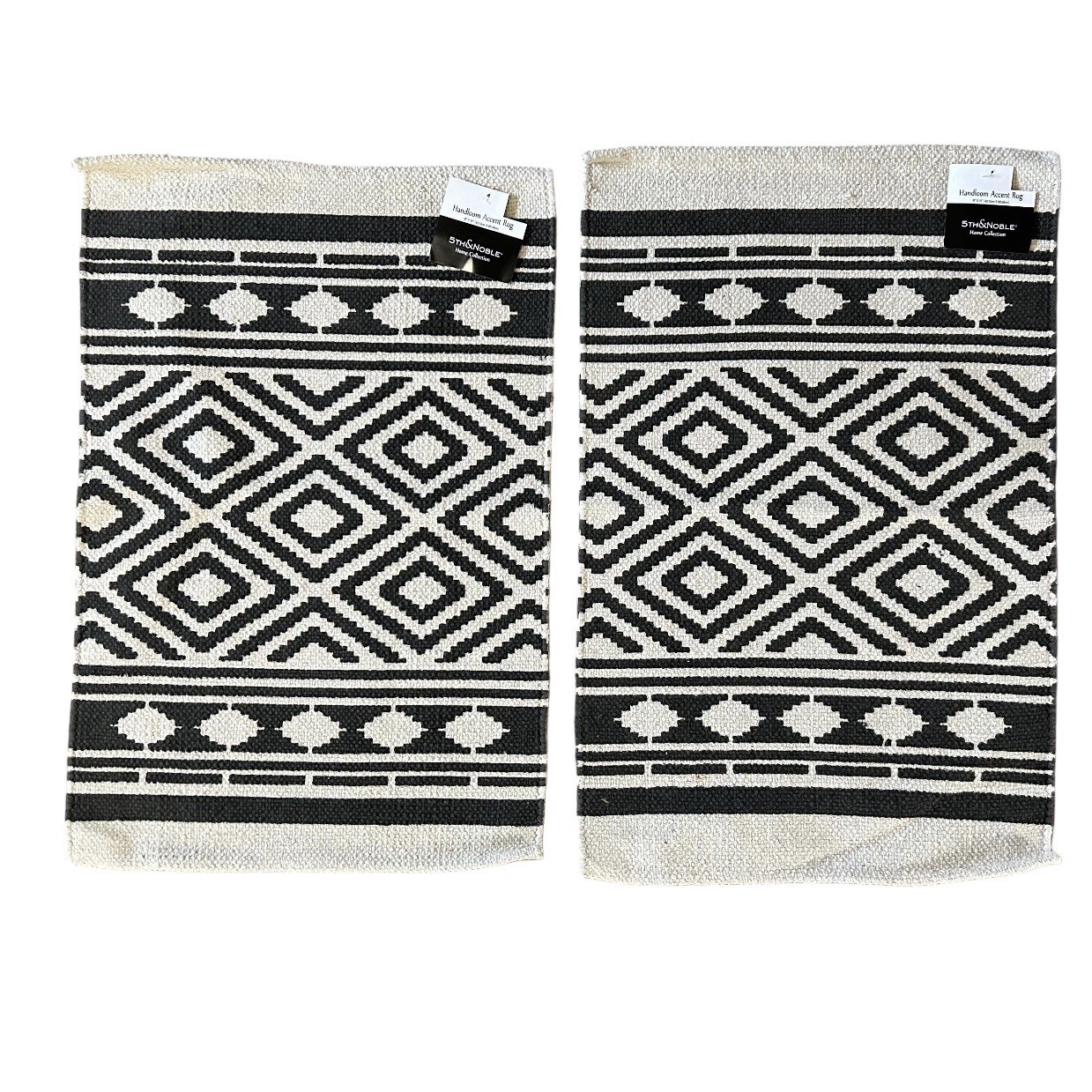 Handloom Accent Rug Set 2 Black & Beige Aztec Geometric Cotton Boho Naturalist