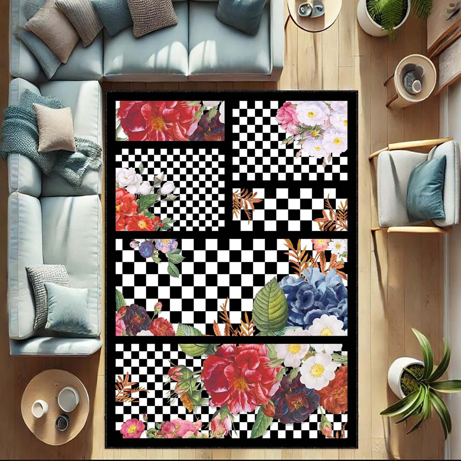 Checkered Floral Rug, Modern Flower Mat, Bold Pattern Carpet, Black White Decor