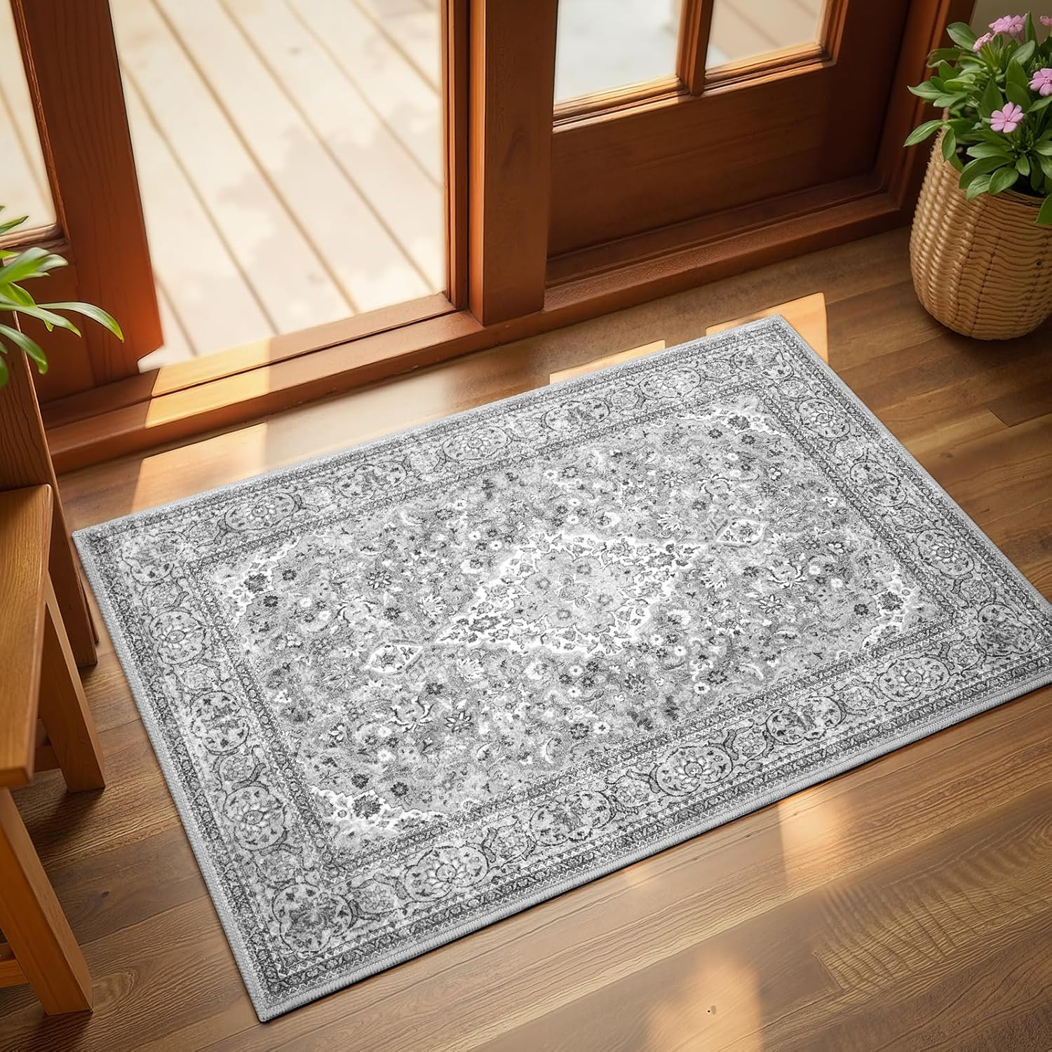 Grey Small Washable Area Rug 2X3 Boho Vintage Entryway Non-Slip Floral Mat