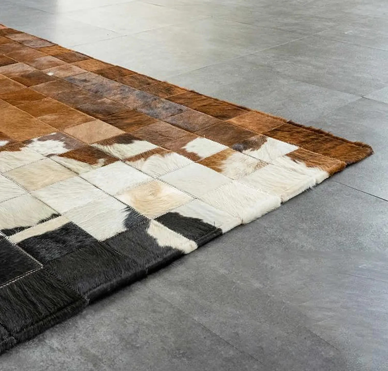Modern Handmade Cowhide Patchwork Area Rug | Brown Black White Leather Carpet