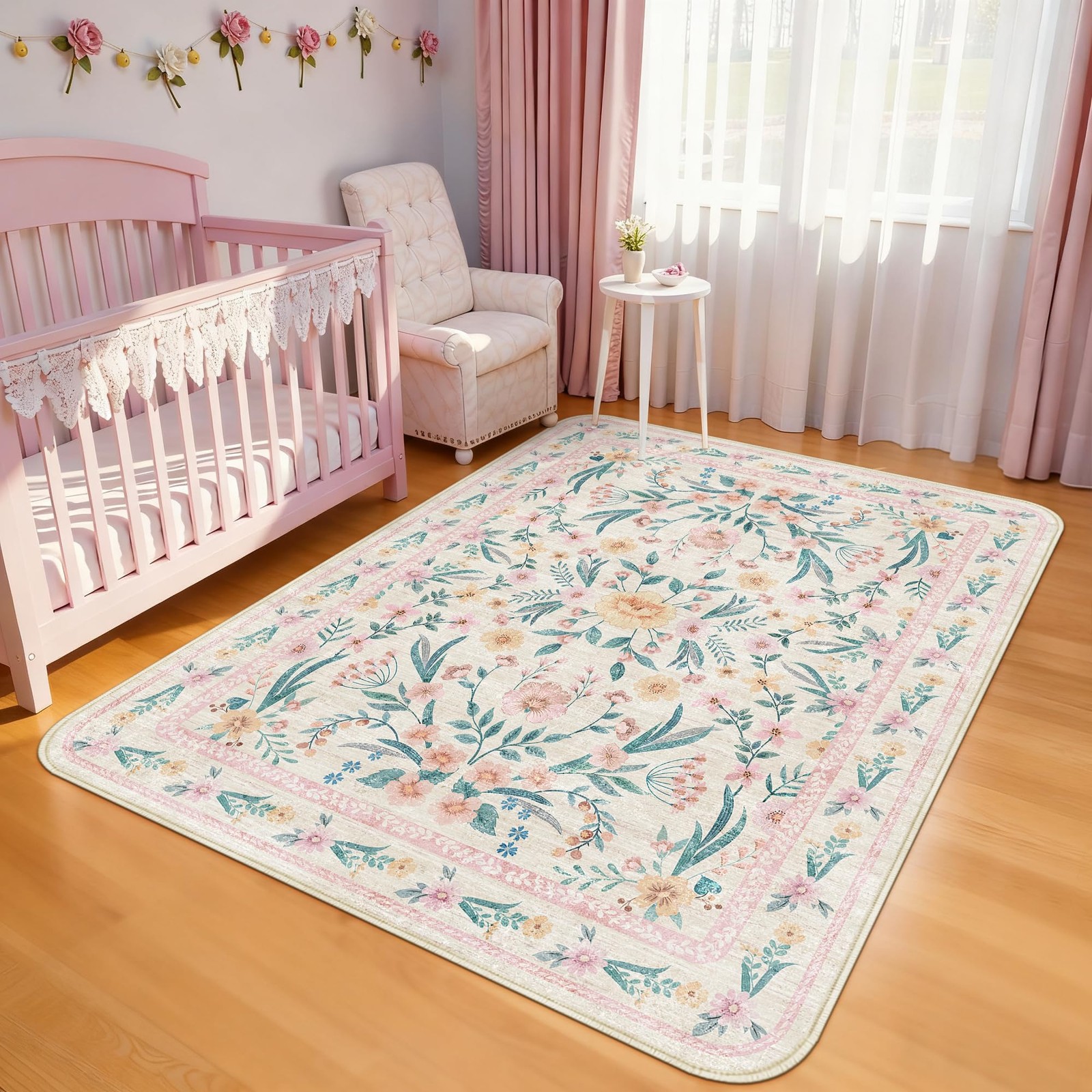 Dadasgk Pink Floral Rug 6×9 Living Room, Washable Non-Slip Area Rug Girls