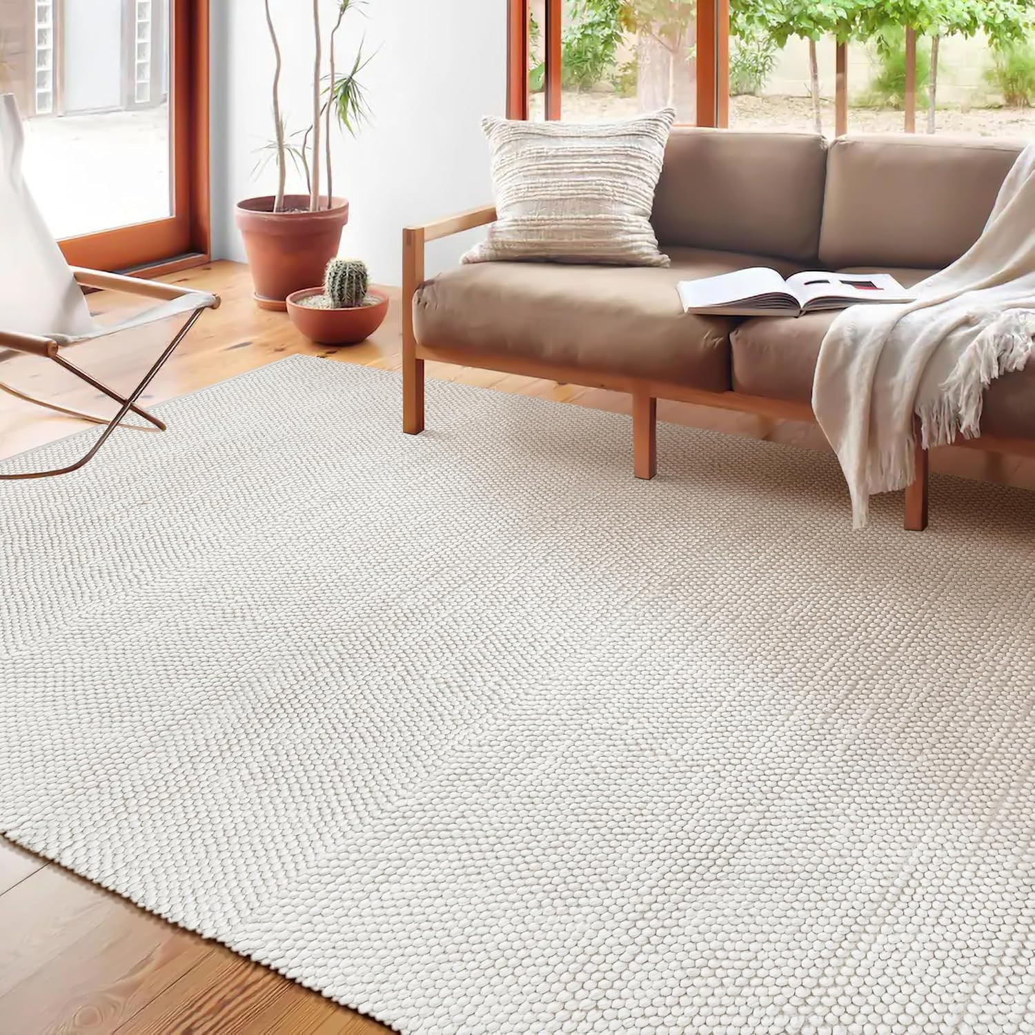 Handwoven Wool Cotton Blend Area Rug 8X10′, Textured Popcorn Braided Ivory Rug,