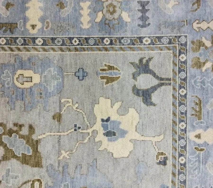Hand-Knotted Oushak Area Rug Muted Blue Gray Floral Carpet 8×10