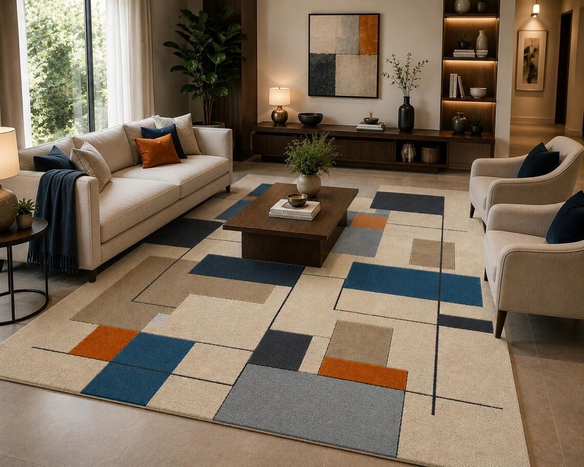 Modern Hand Tufted Wool Rug, Luxury Geometric Area, Abstract Contemporary Carpet