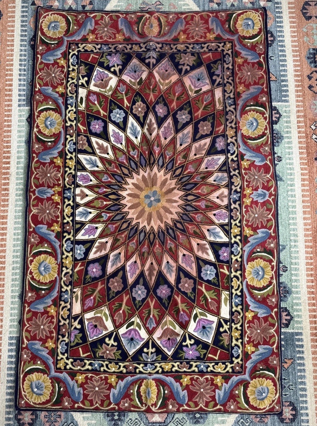 Wool CHAIN STITCH RUG Hand Embroidery CREWEL Work Floral 56×32