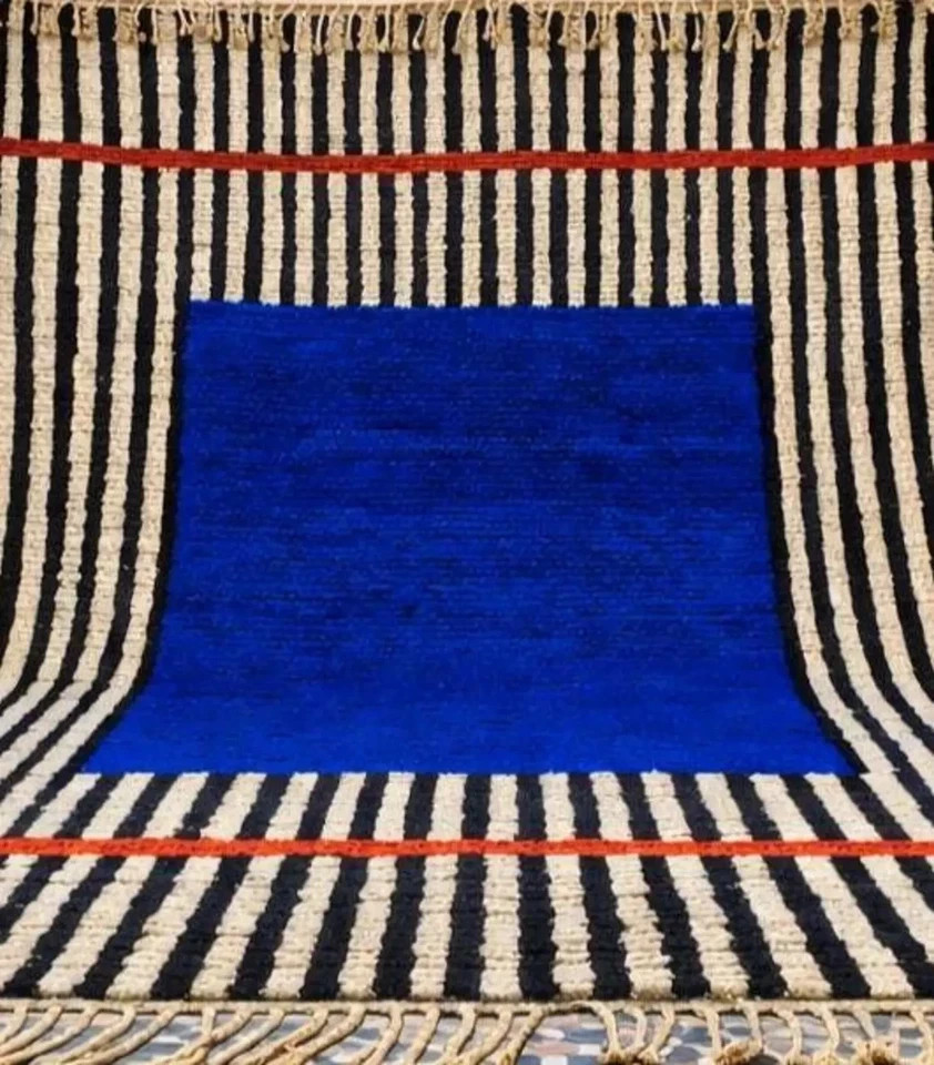 Cobalt Blue Moroccan Rug | Ivory White Wavy Beni ourain Rug | Handmade 8×10