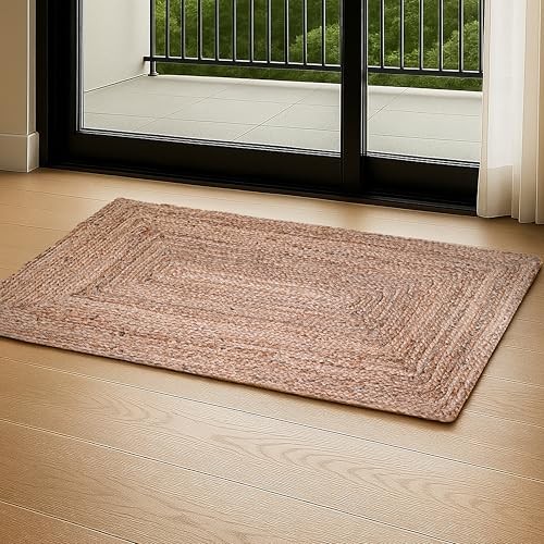Hand Woven Jute Braided Rug 2’x3′ – Natural, Boho Reversible Floor Carpet for