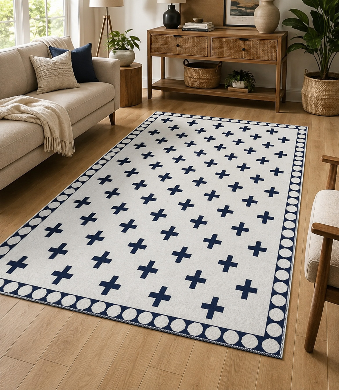 Hand Knotted Blue Plus Pattern Modern Wool Area Rug For Bedroom