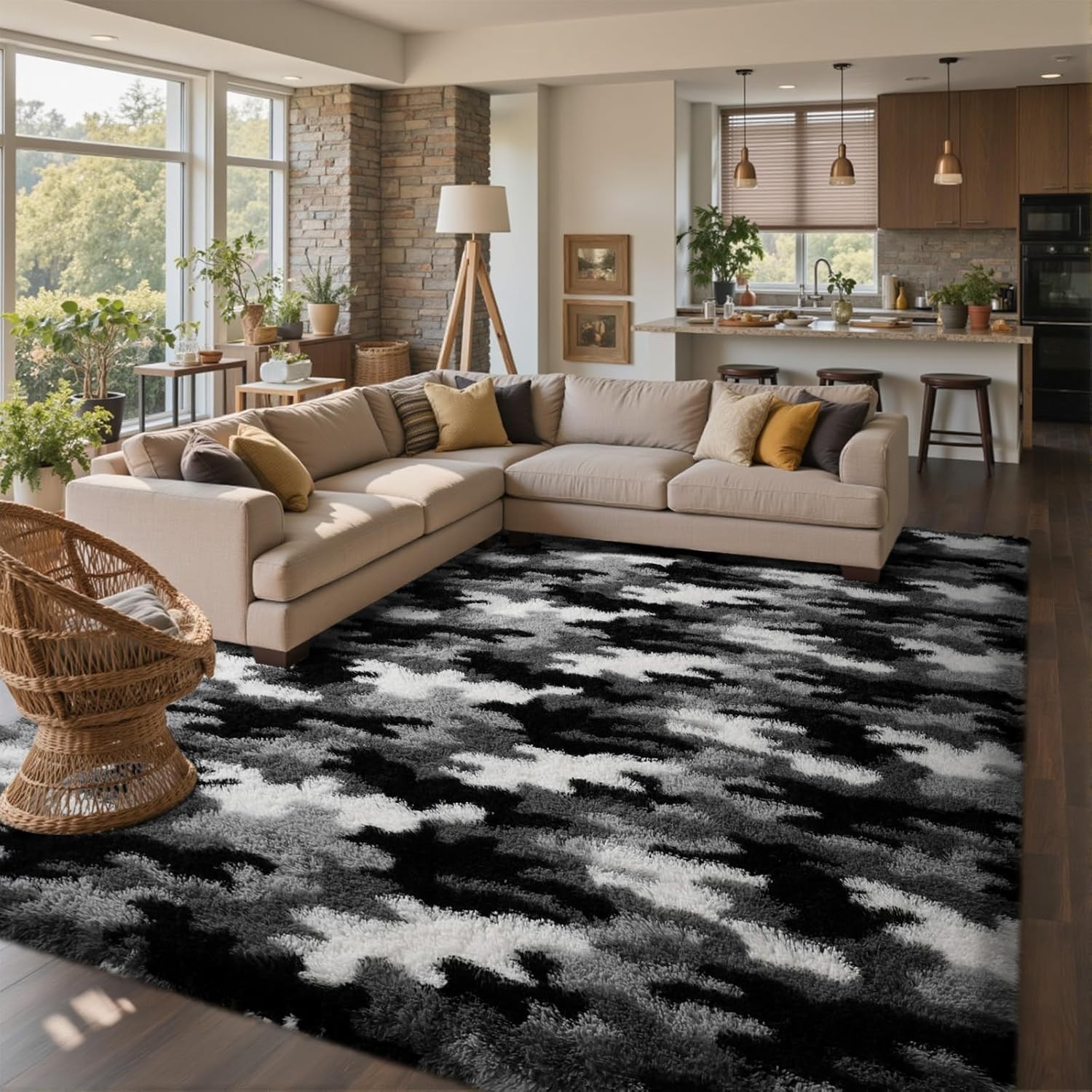 Fluffy Area Rugs Large Tie-Dye Gray Shaggy Soft Mat for Living & Bedroom Floor