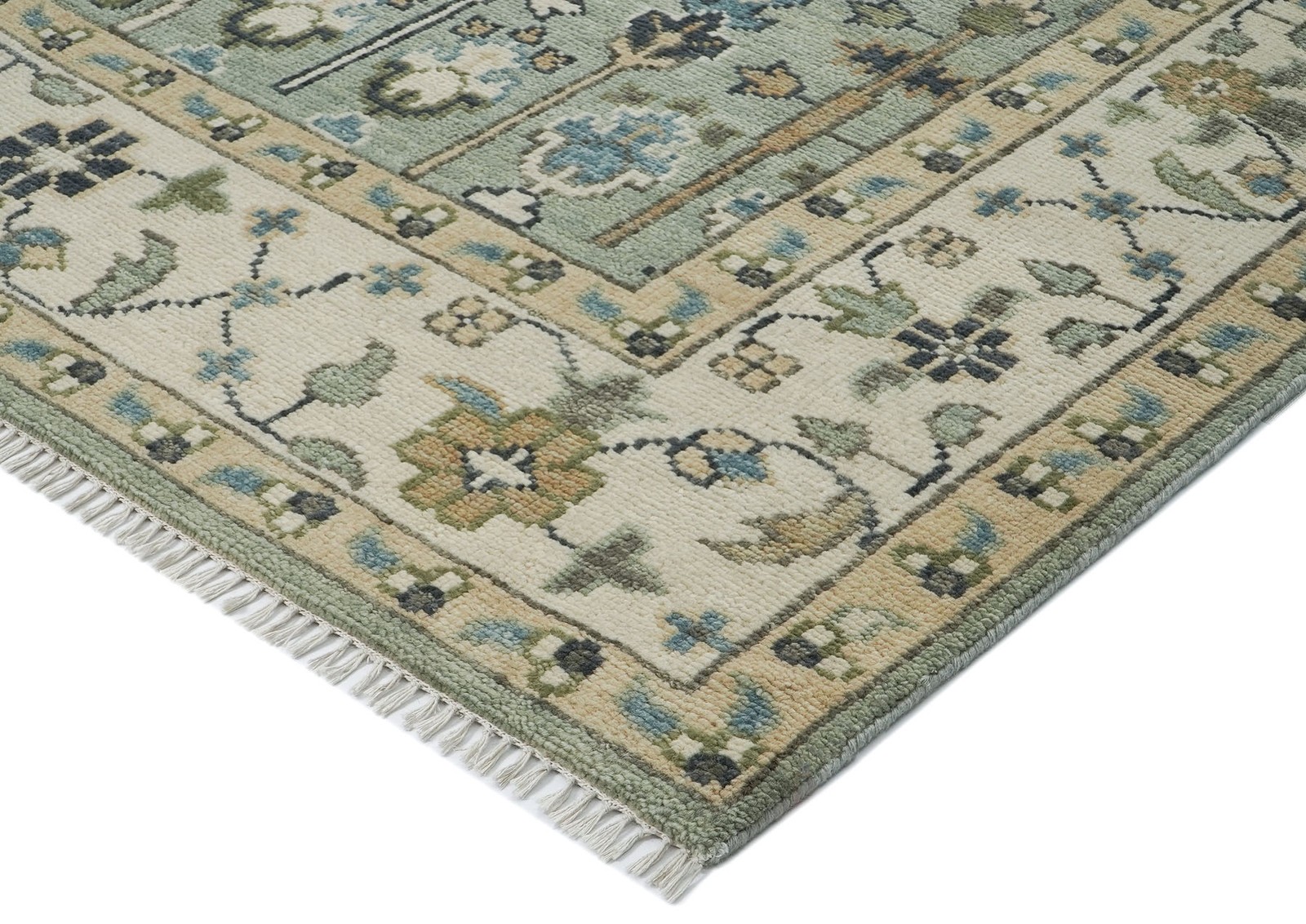 10×14 Hand Knotted Wool Celadon, Beige Oushak Transitional Rug