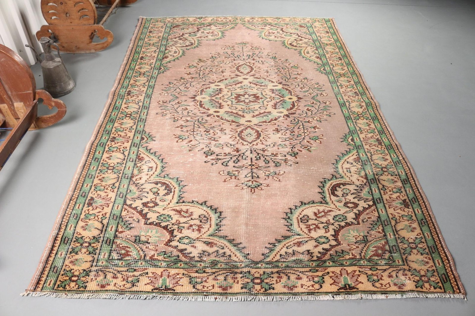 Turkish Vintage Large Rug 5,5×8,5 ft, Green Brown Abstract Rug