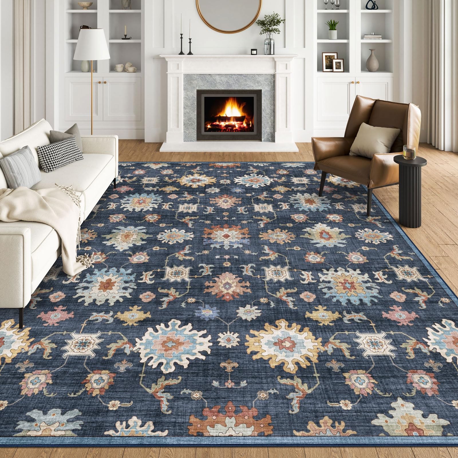 Blissa 8X10 Living Room Rug – Blue Multi Oriental Oushak Print Rugs For
