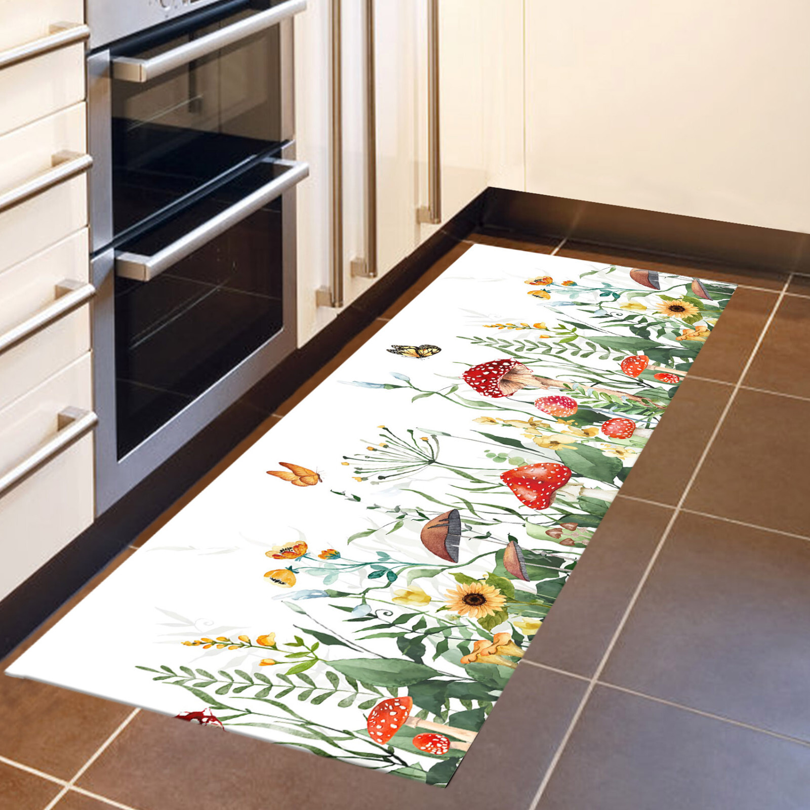 Yellow Flower Red Mushroom Kitchen Mat Non-Slip Carpet Bedroom Floor Area Rugs