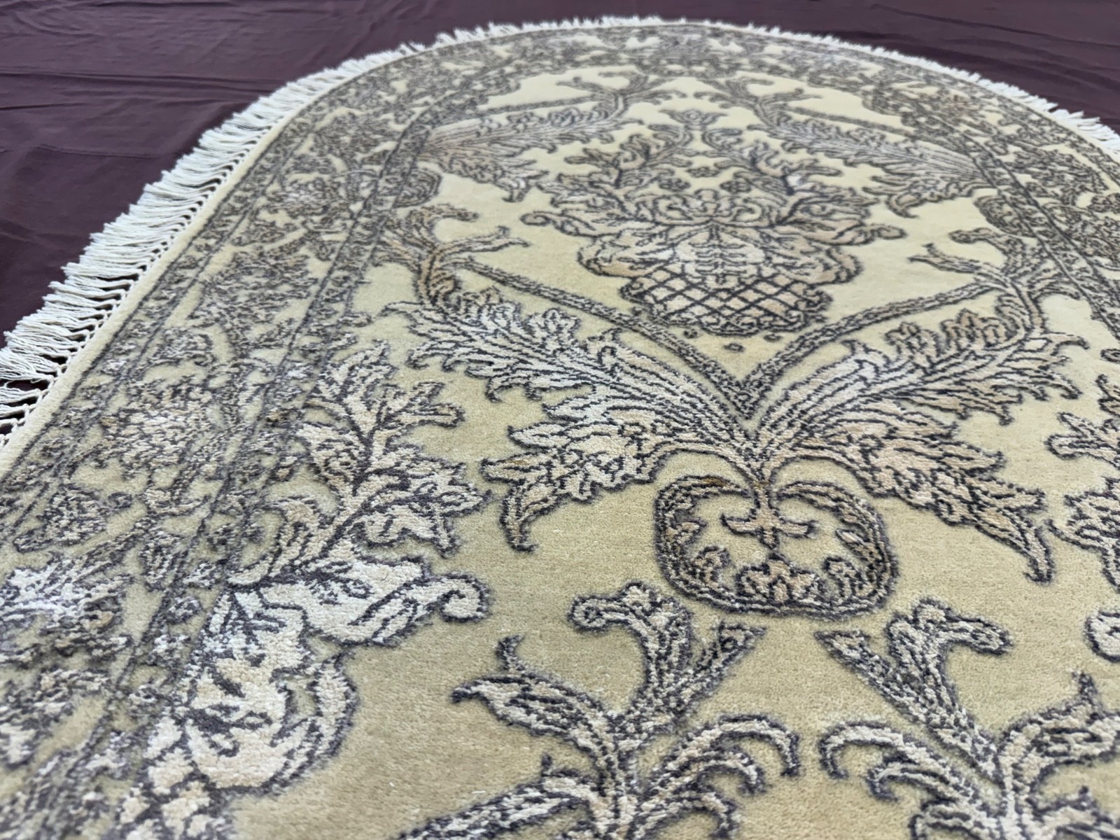 Vintage Hand Knotted Wool Rug Oval Cream Floral Damask Bedside Rug 70×140 cm