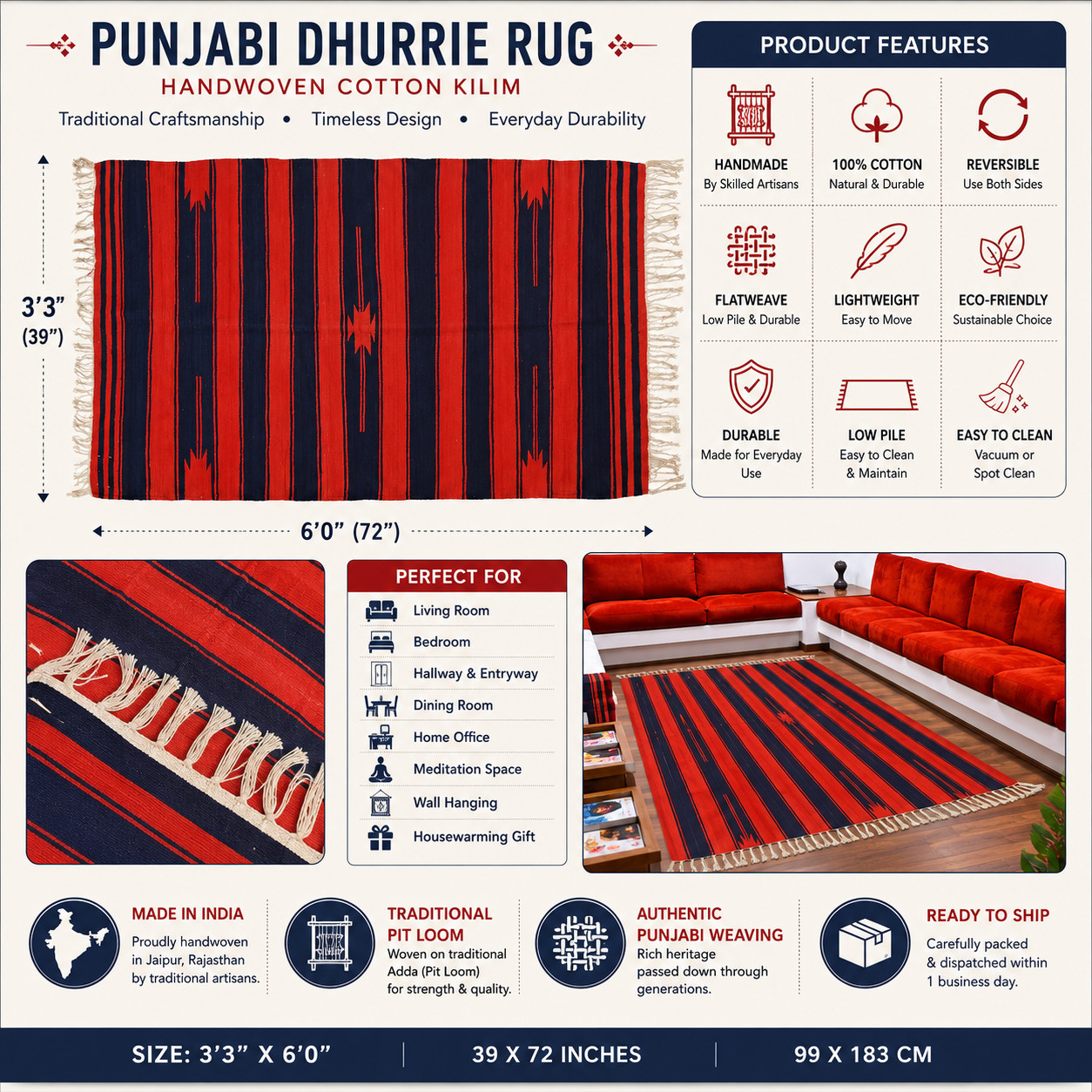 Punjabi Dhurrie Rug 3.3×6 ft Red Blue Cotton Kilim Handmade Reversible Area Rug